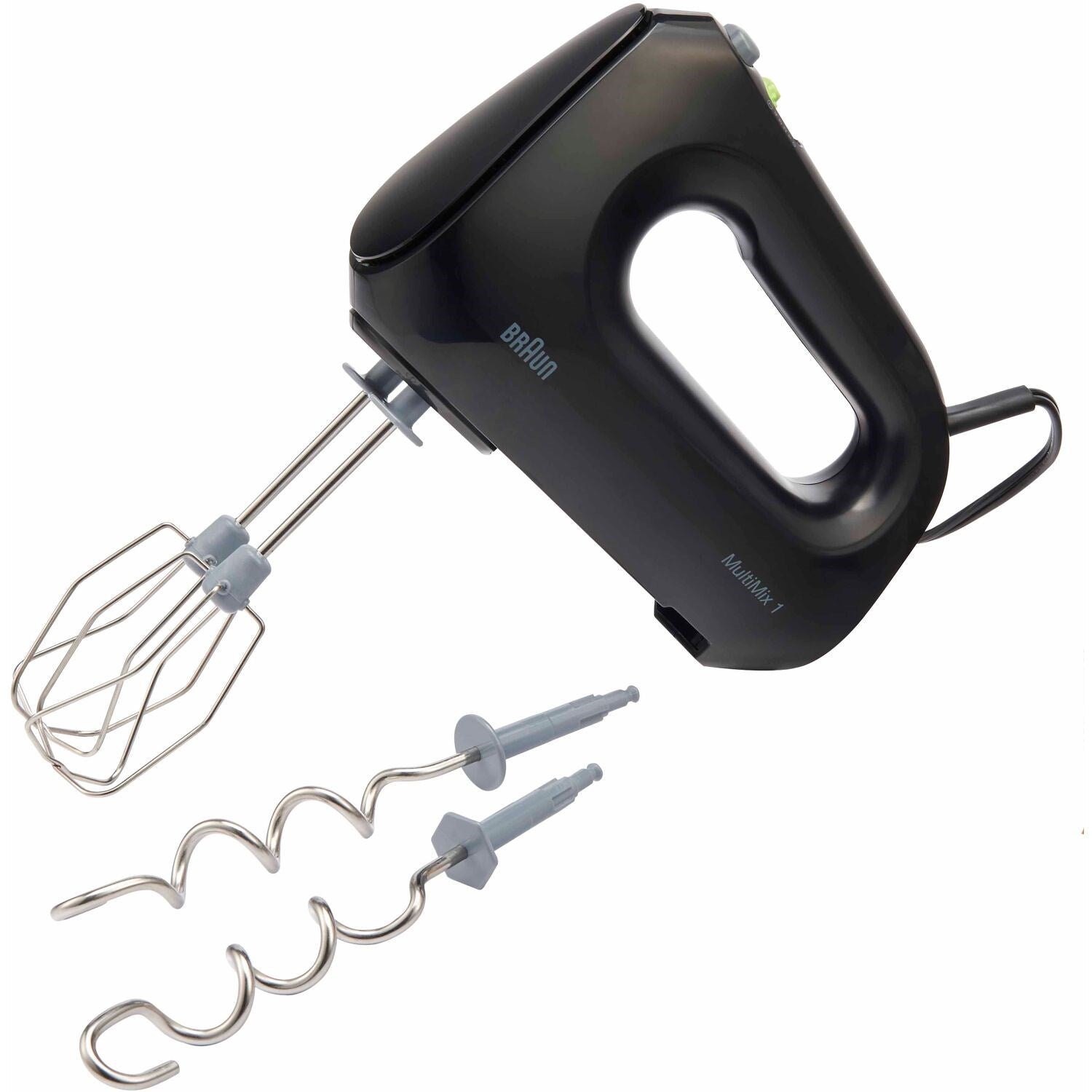 Black hand mixer with metal beaters and dough hooks, shown with power cord