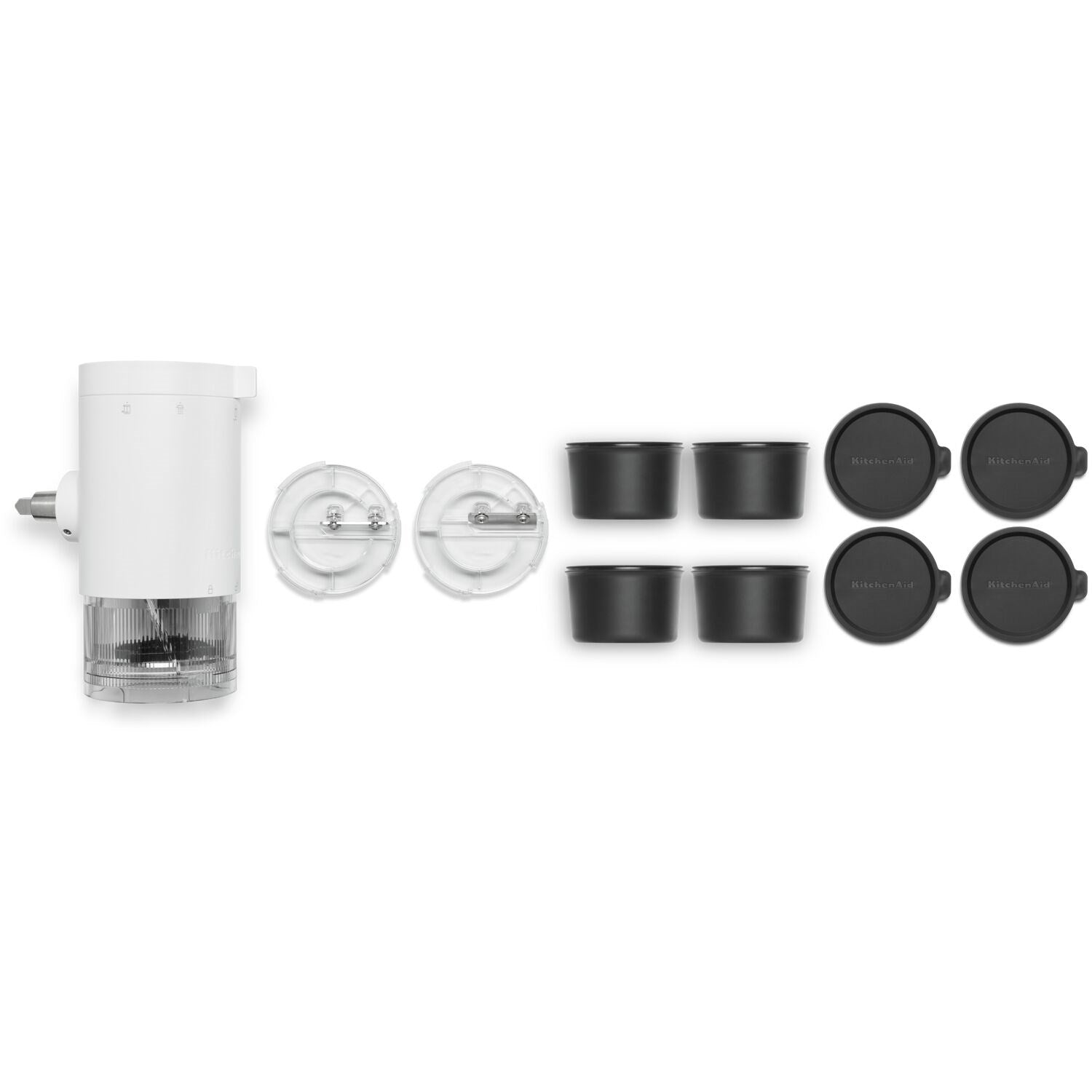 Shave ice attachment with mounting hardware and six black condiment cups