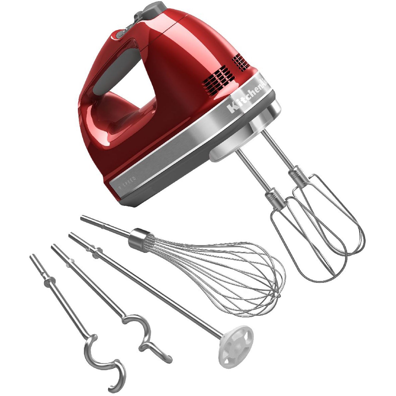 Red KitchenAid hand mixer with beaters, whisk, and dough hook attachments