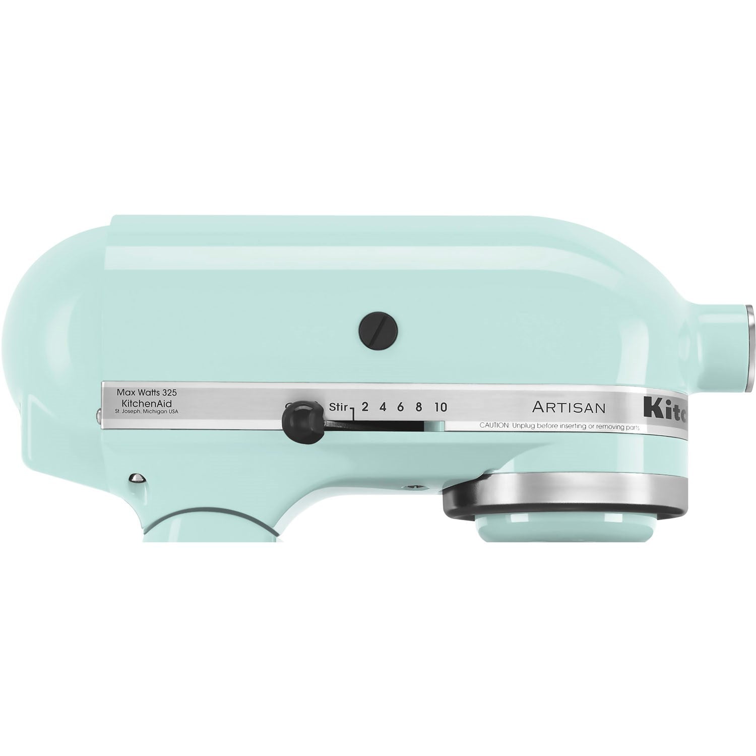 KitchenAid Artisan tilt-head stand mixer in ice blue, showing speed controls and top panel