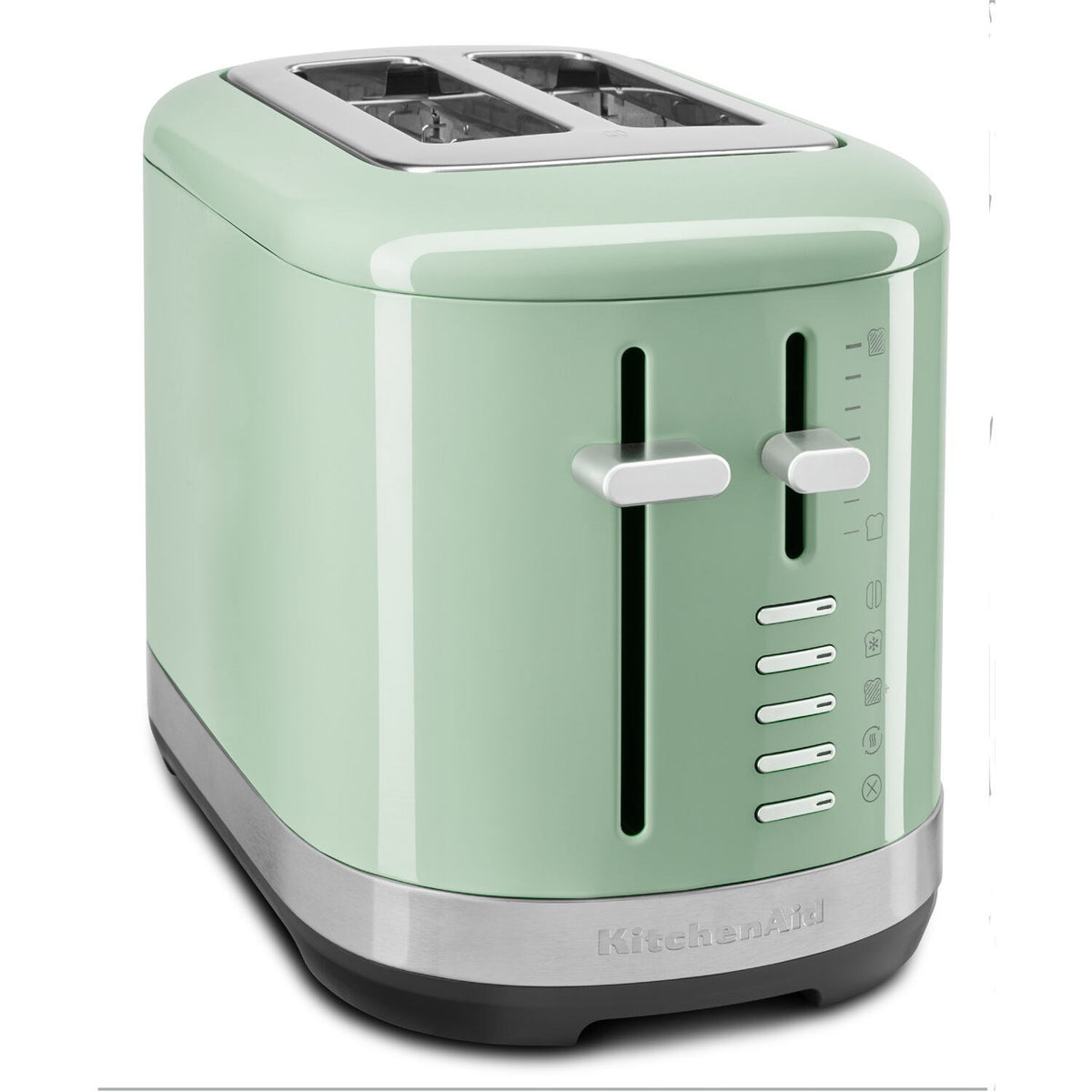 KitchenAid 2-slice toaster in pistachchio green with chrome base and front lever