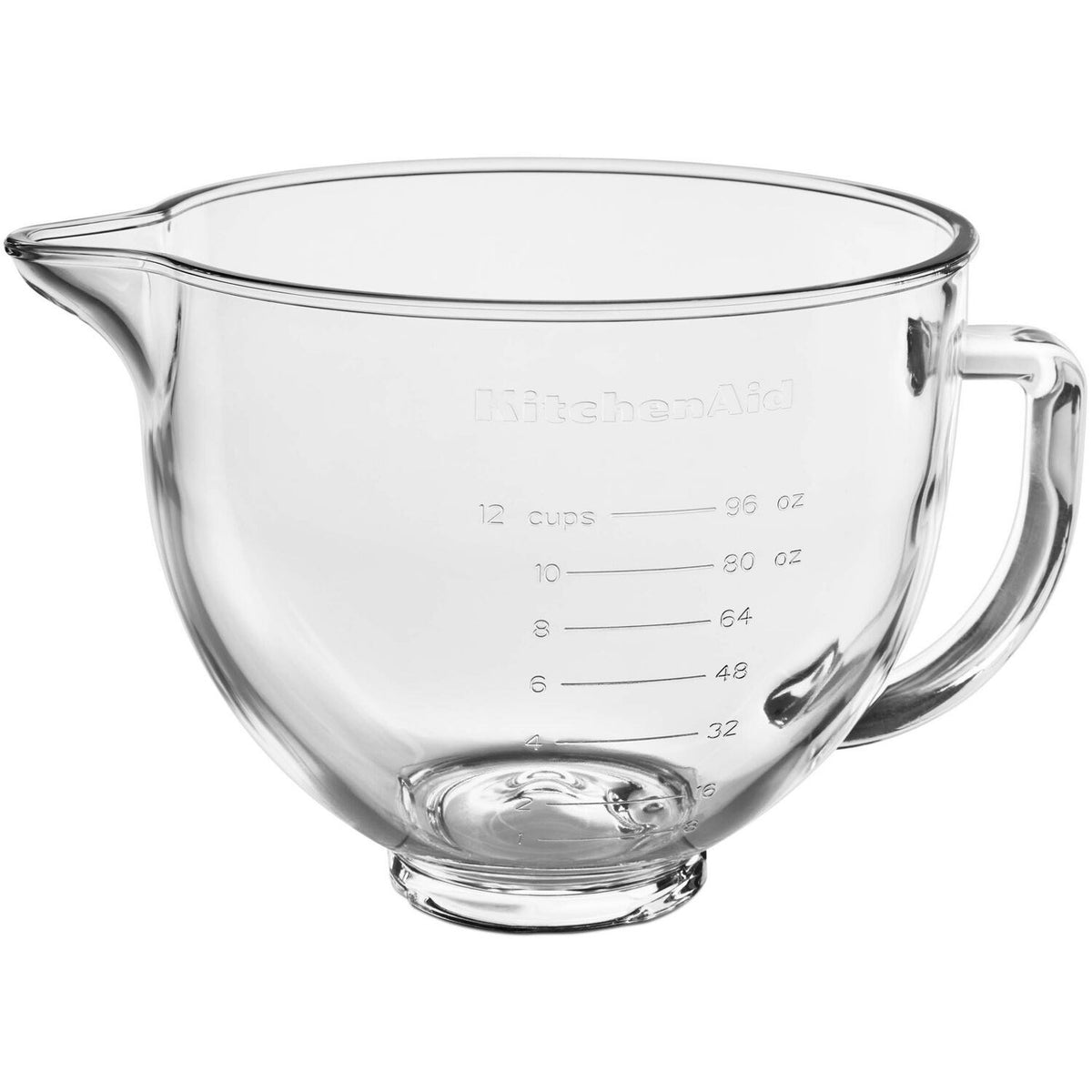 Clear glass mixing bowl with handle and measurement markings up to 12 cups