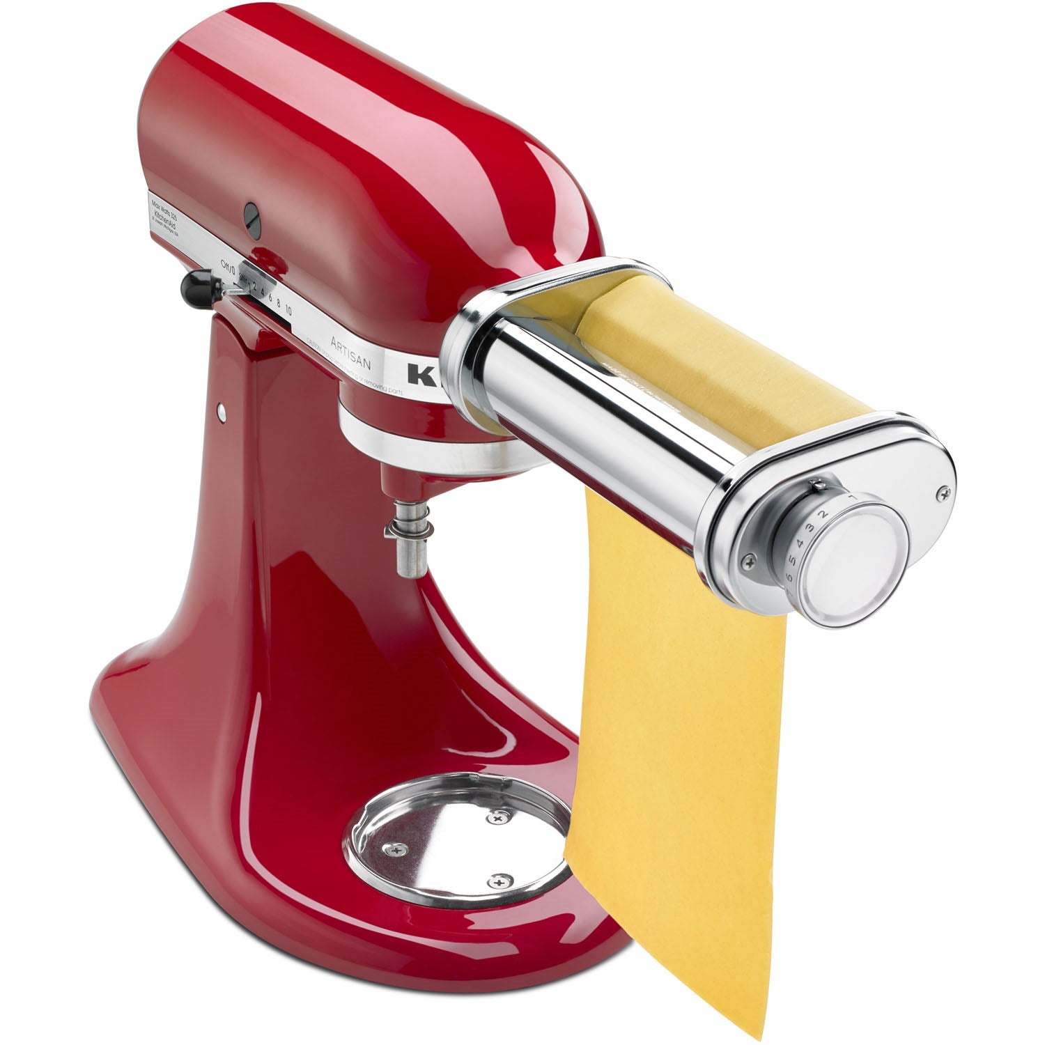 KitchenAid pasta roller attachment with red stand and silver rollers, feeding golden dough sheet