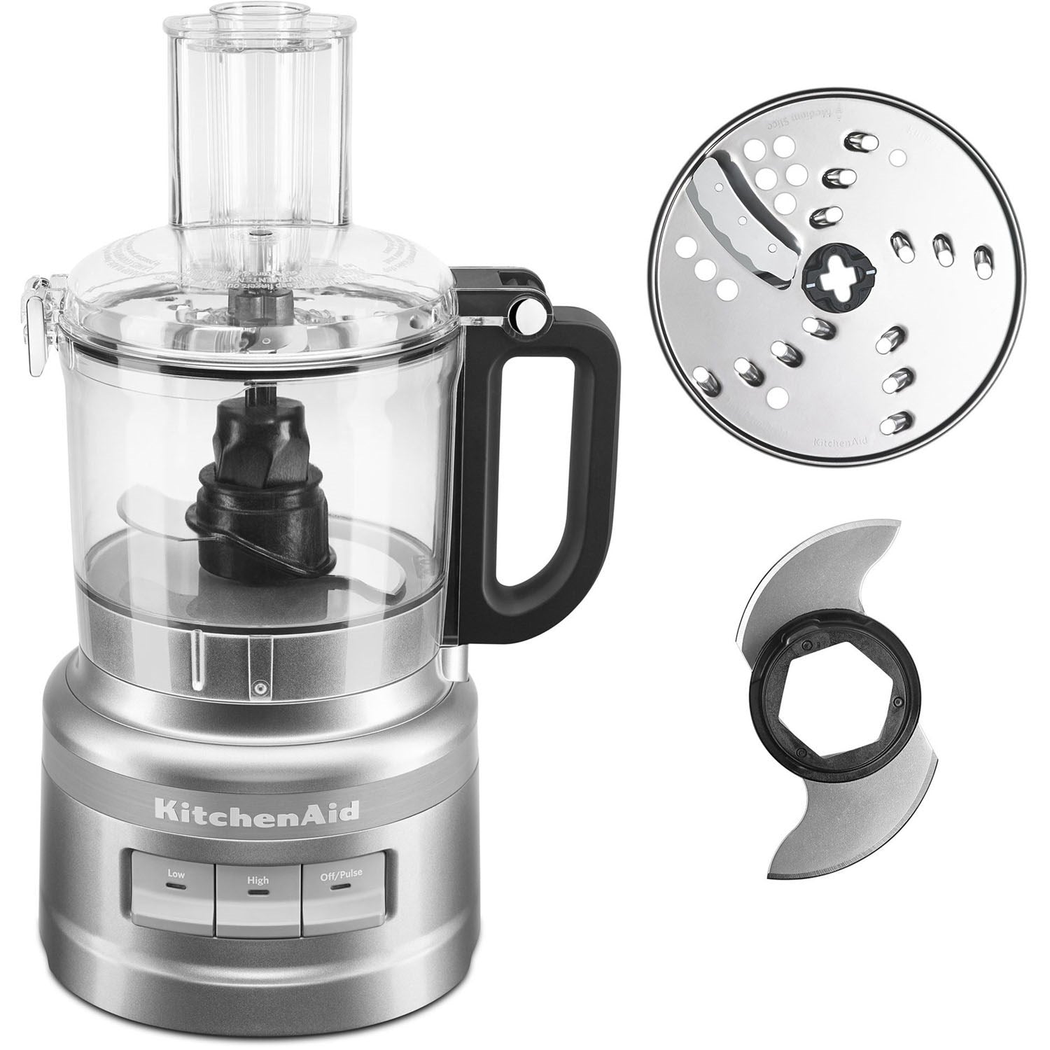 7-cup food processor with clear bowl, black handle, and two attachment discs