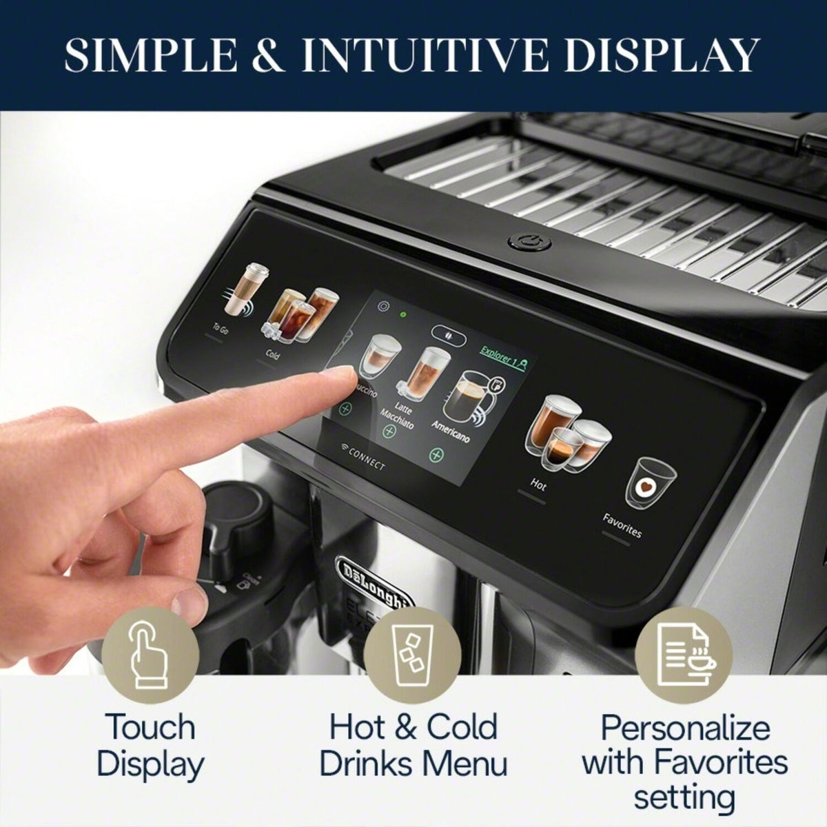 Fully automatic espresso machine with touch display and drink selection icons