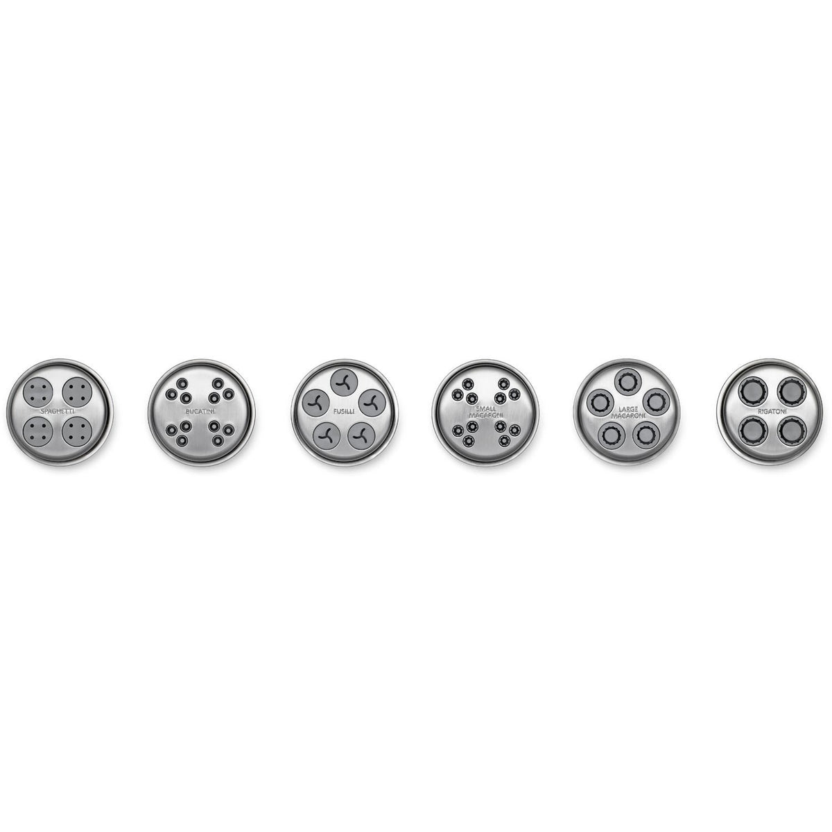 Set of round metal pasta dies with different hole patterns for a KitchenAid pasta press.