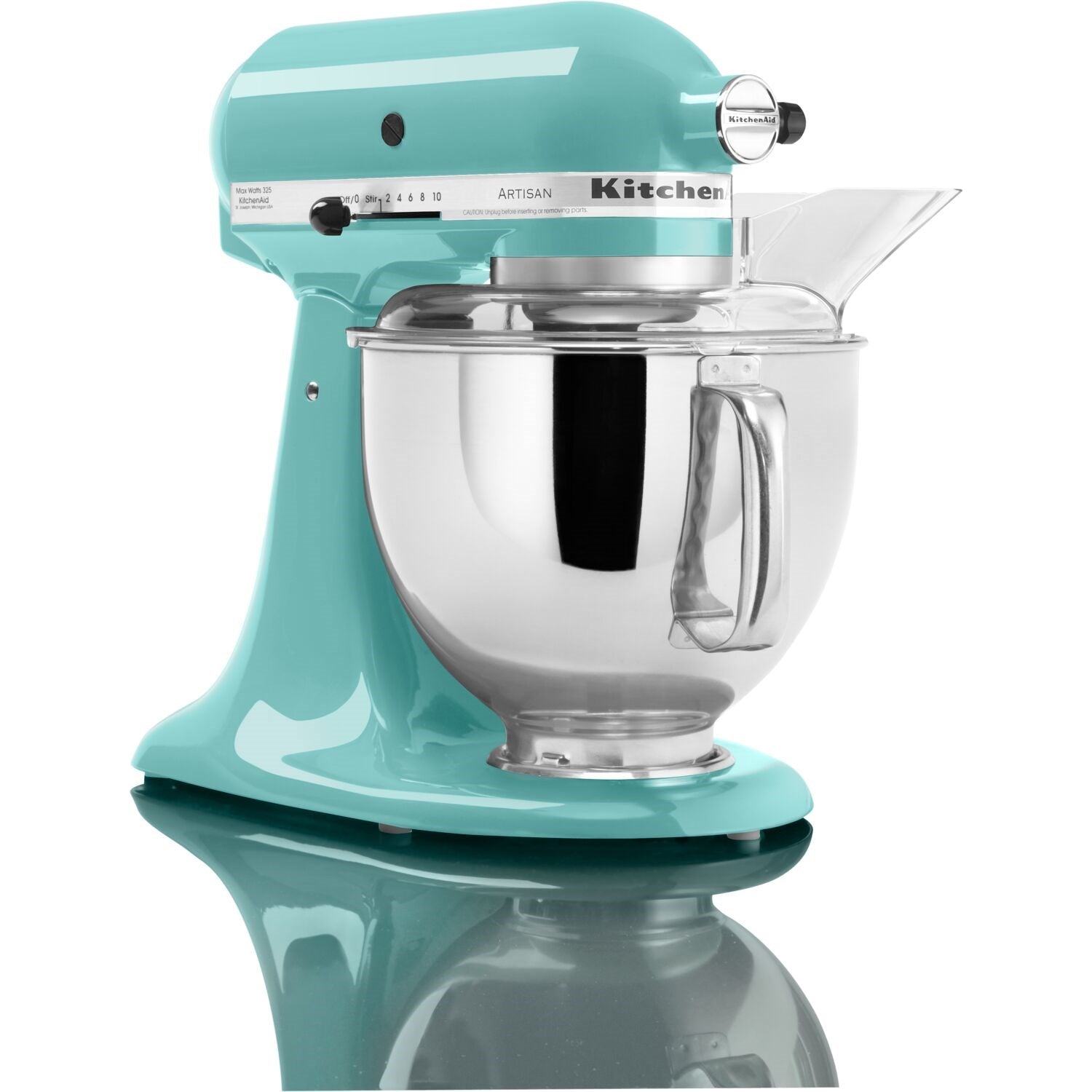 Blue aqua tilt-head stand mixer with stainless bowl and clear pouring shield