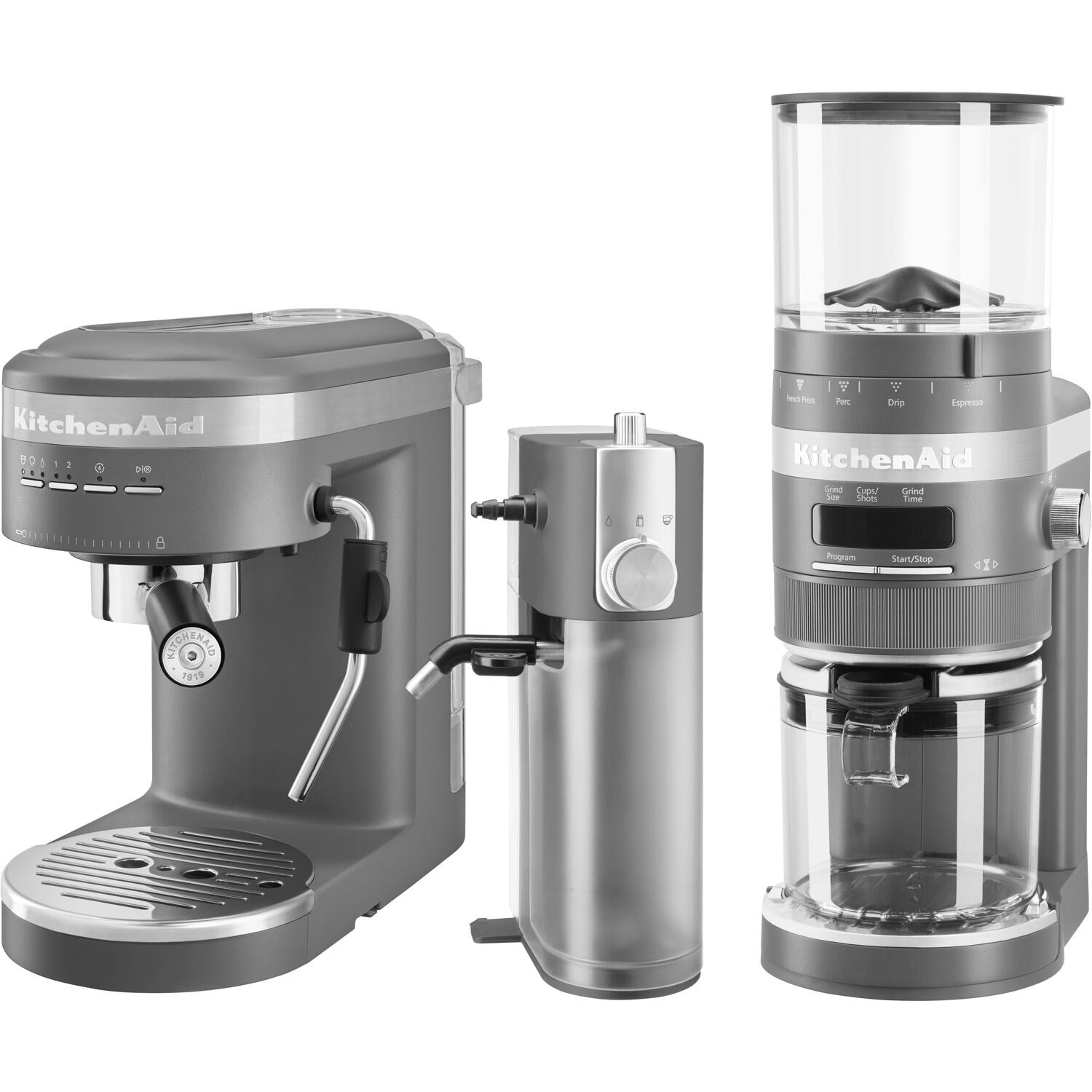 Charcoal grey burr coffee grinder with bean hopper and side controls