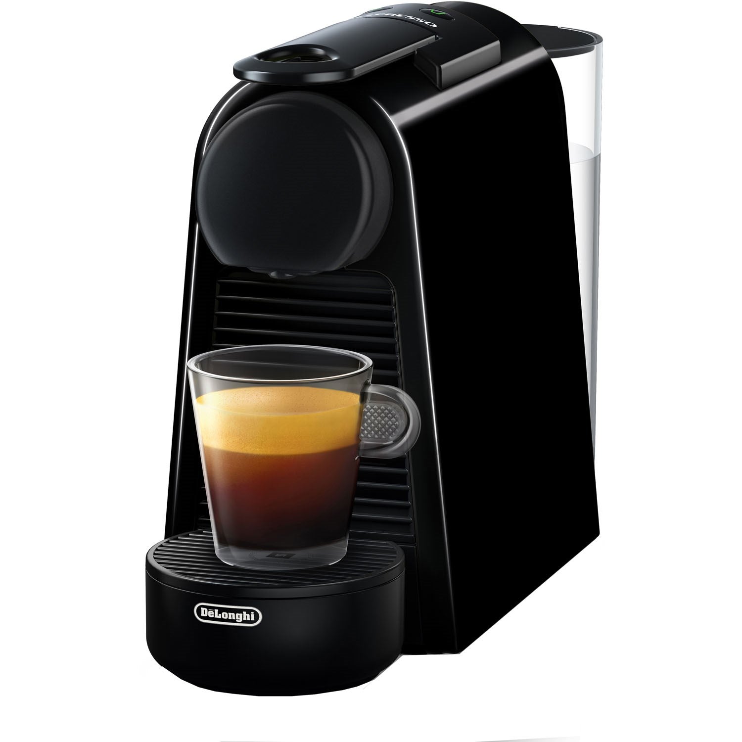 Black De'Longhi Nespresso Essenza Mini espresso machine with glass cup under spout