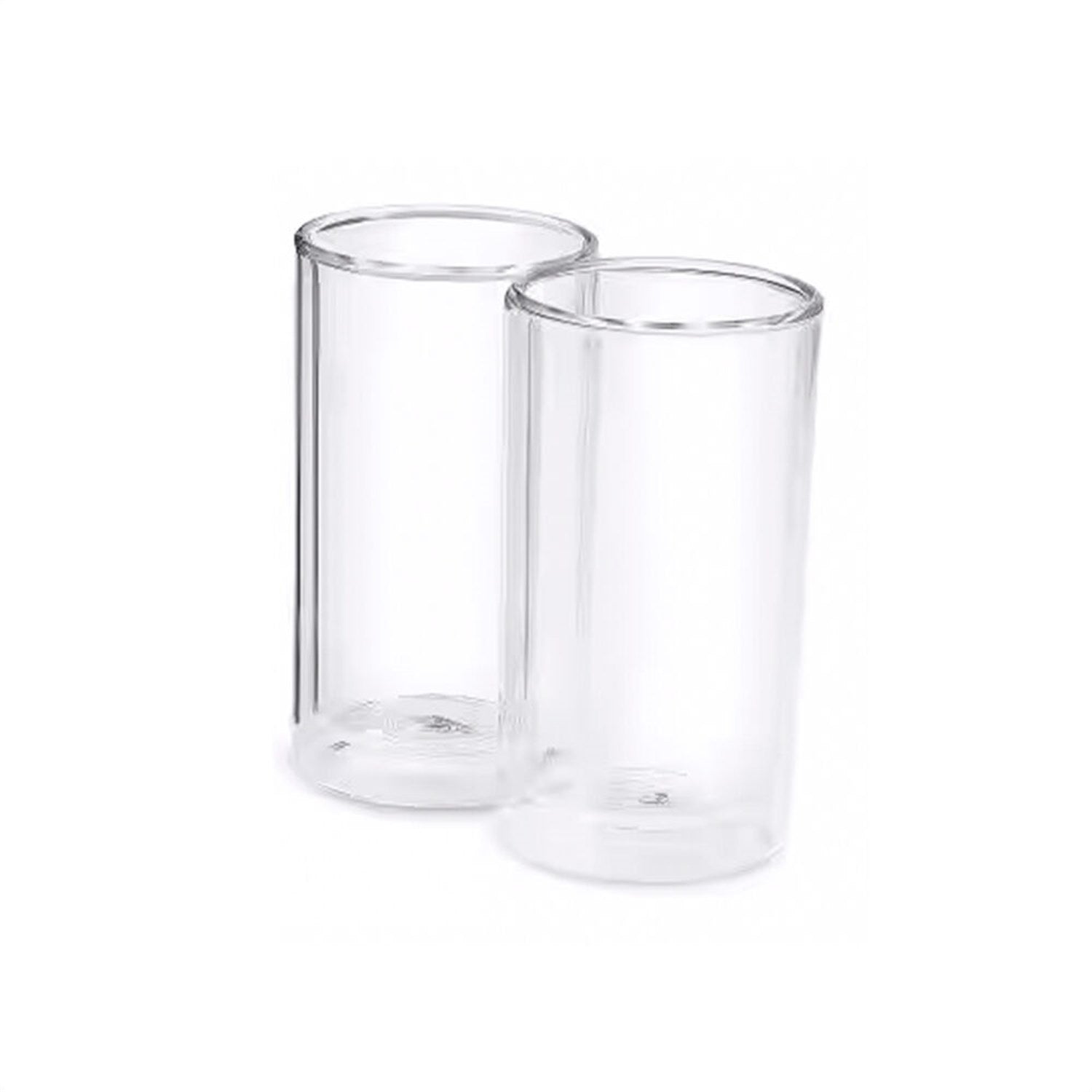 Two clear double-wall coffee glasses, empty, overlapping perspective