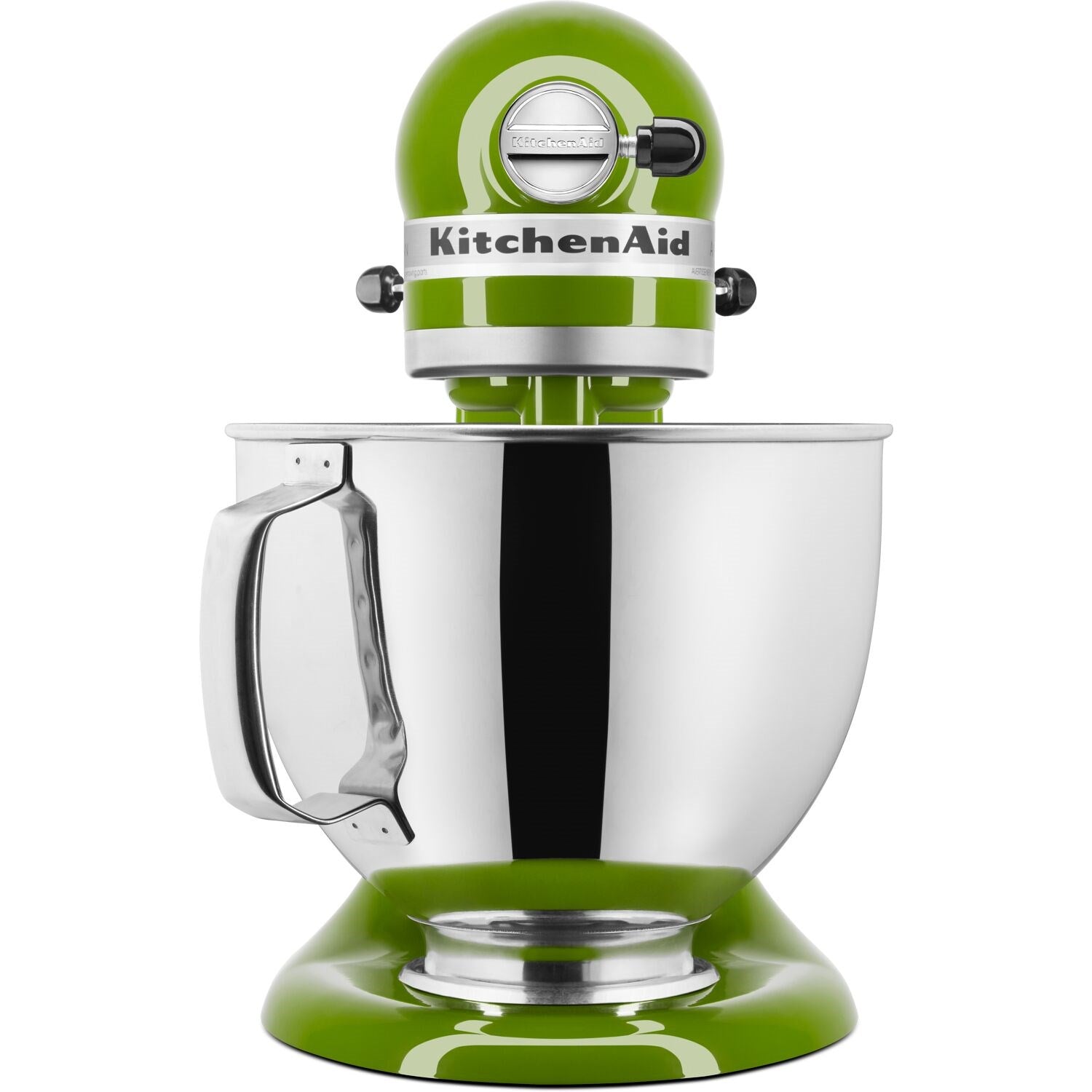KitchenAid stand mixer in matcha green with stainless bowl and pouring shield