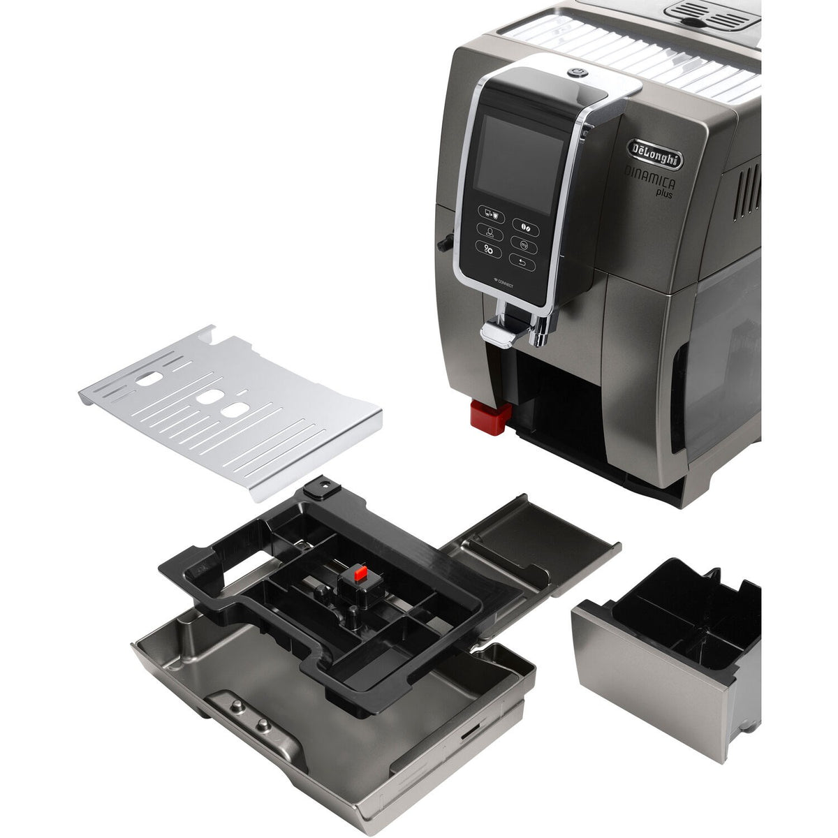 Titanium super-automatic coffee machine showing removable internal trays and brewing area