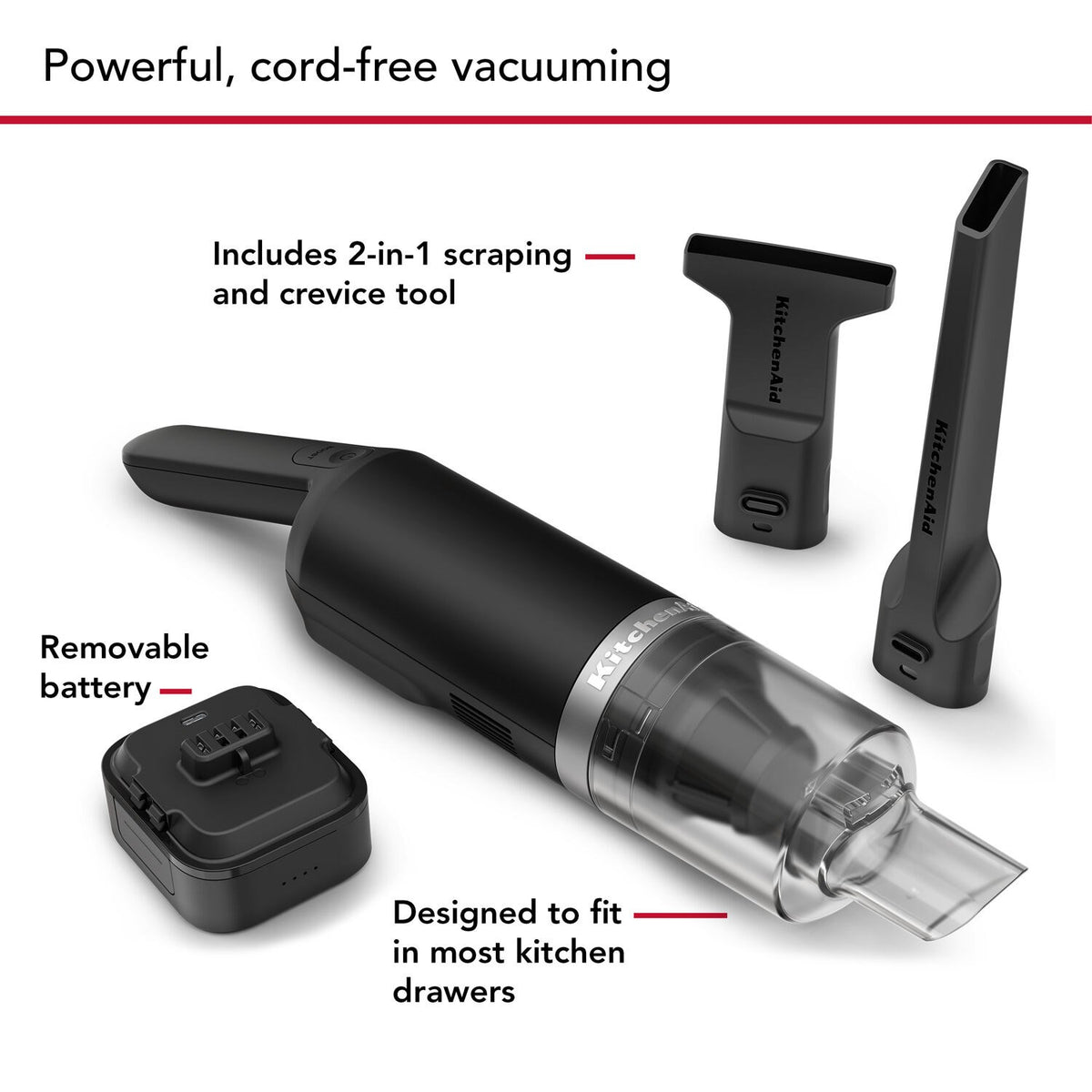Cordless kitchen vacuum with removable battery and 2-in-1 crevice tool, black matte