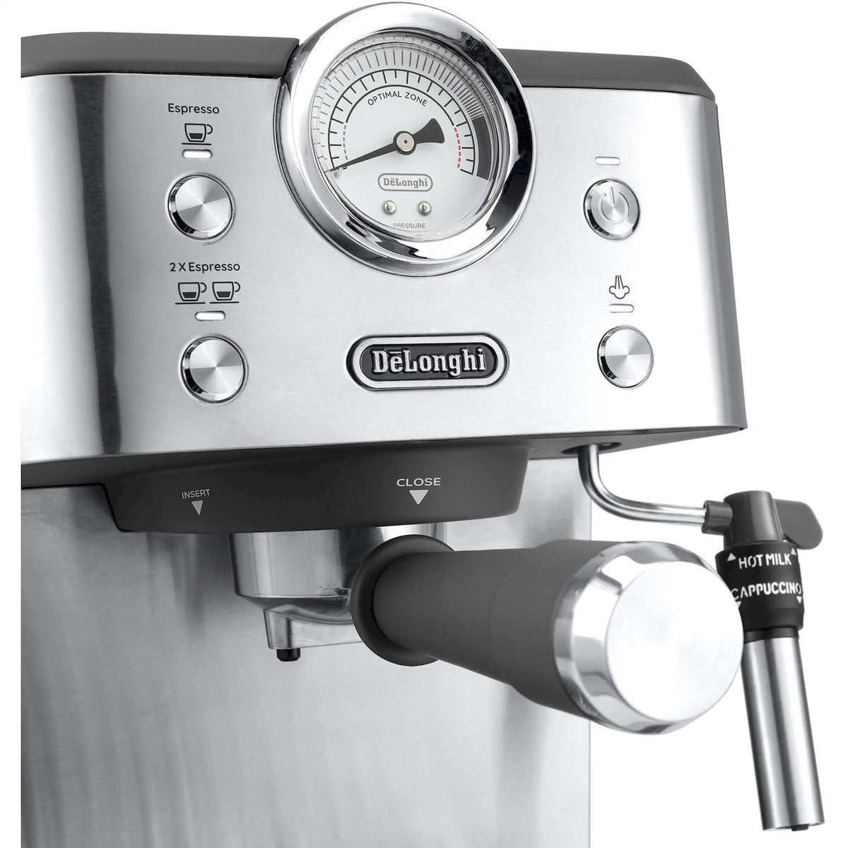 Stainless steel espresso machine with round pressure gauge, De'Longhi badge, and steam wand