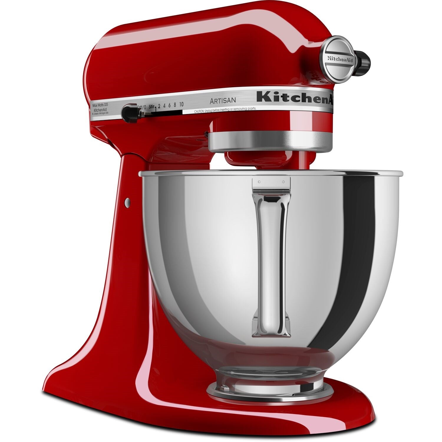 Red KitchenAid tilt-head mixer with chrome bowl and mixing head controls
