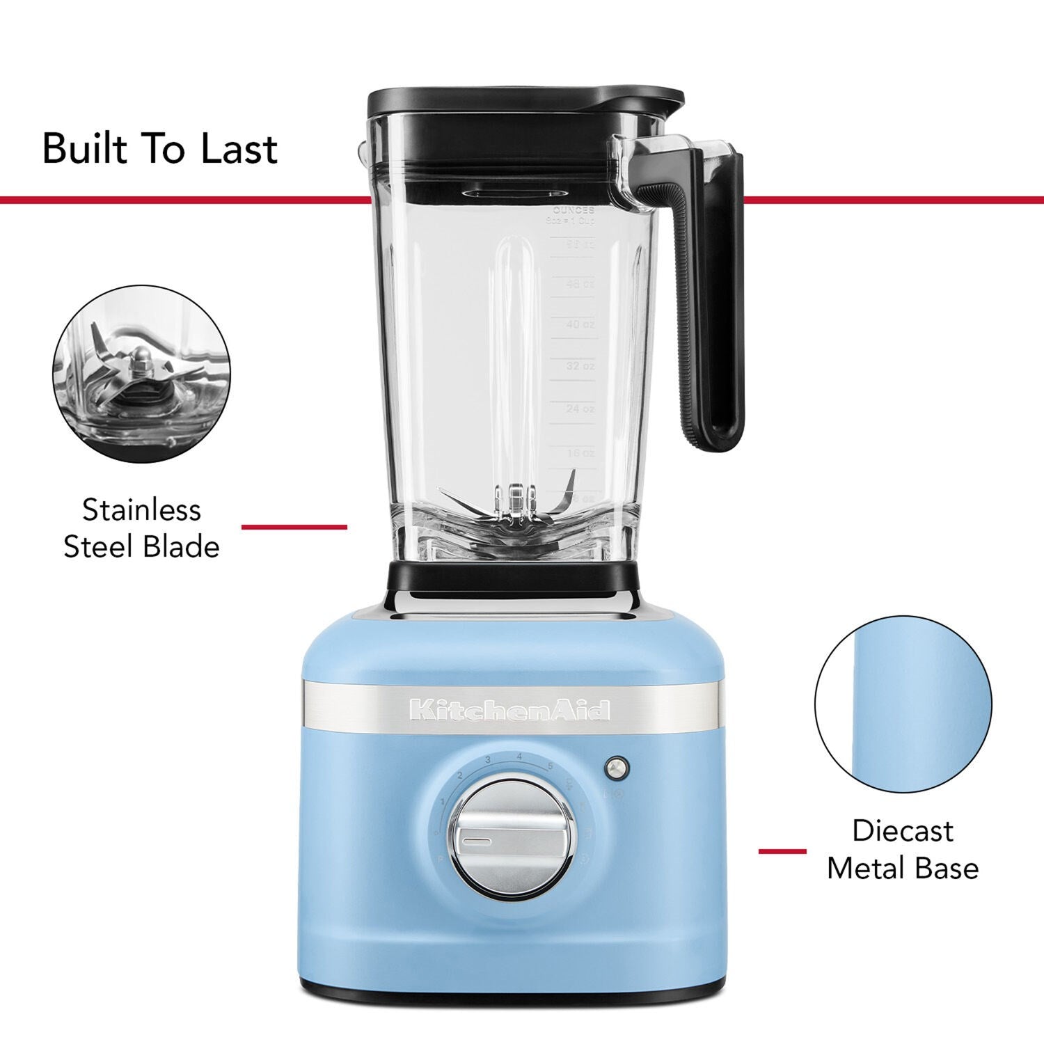 KitchenAid K400 blender with clear jar, blue base, and black ribbed blade housing