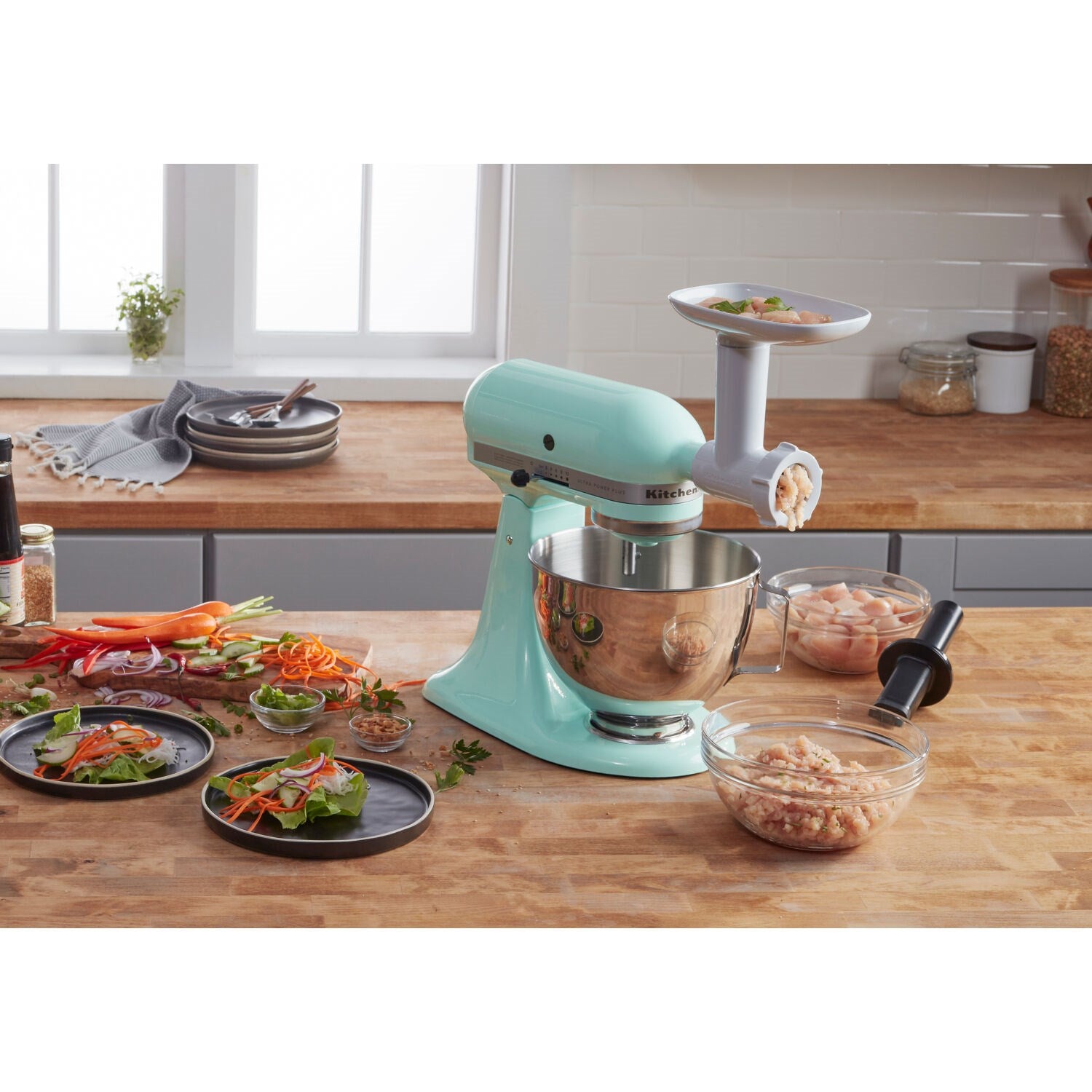 White food grinder attachment with pusher and tray for KitchenAid stand mixers