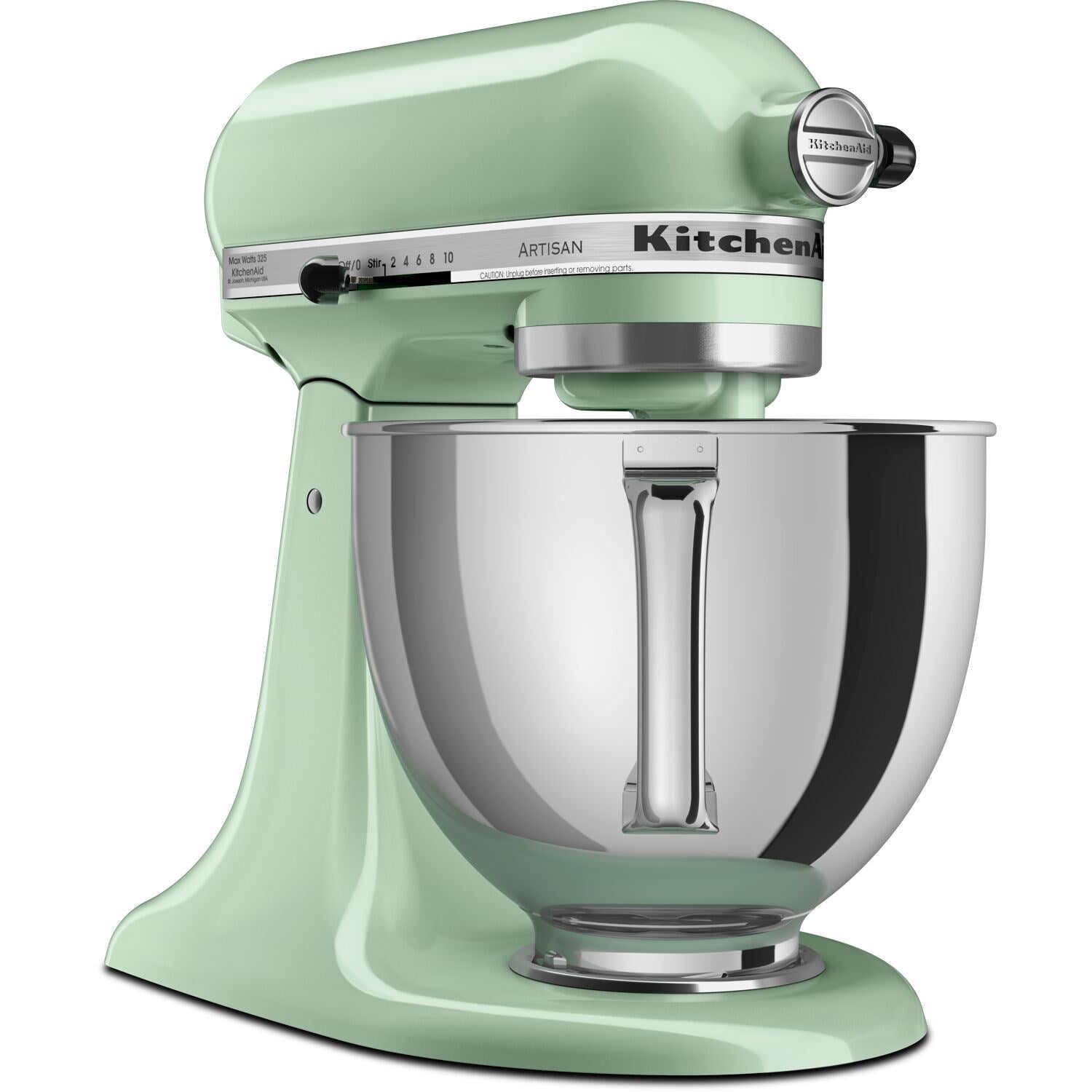 Pistachio tilt-head stand mixer with stainless bowl and KitchenAid logo on head