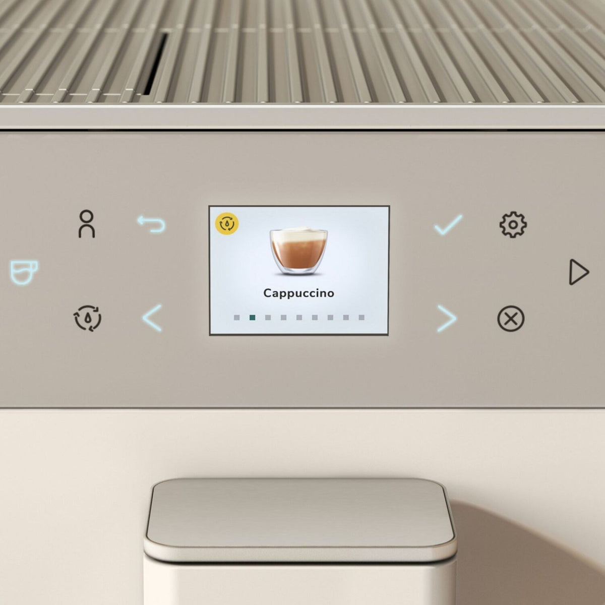 Porcelain white espresso machine display panel with illuminated cup icon and controls