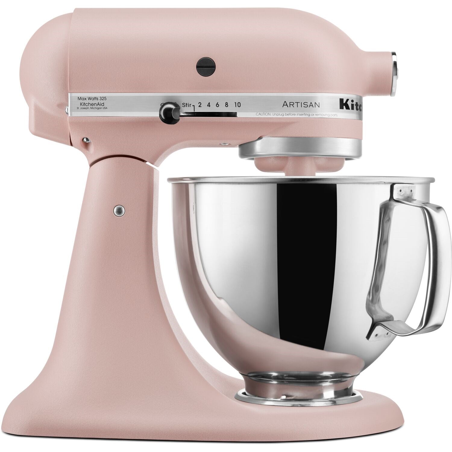 Peach tilt-head stand mixer with stainless bowl and front-mounted speed dial.
