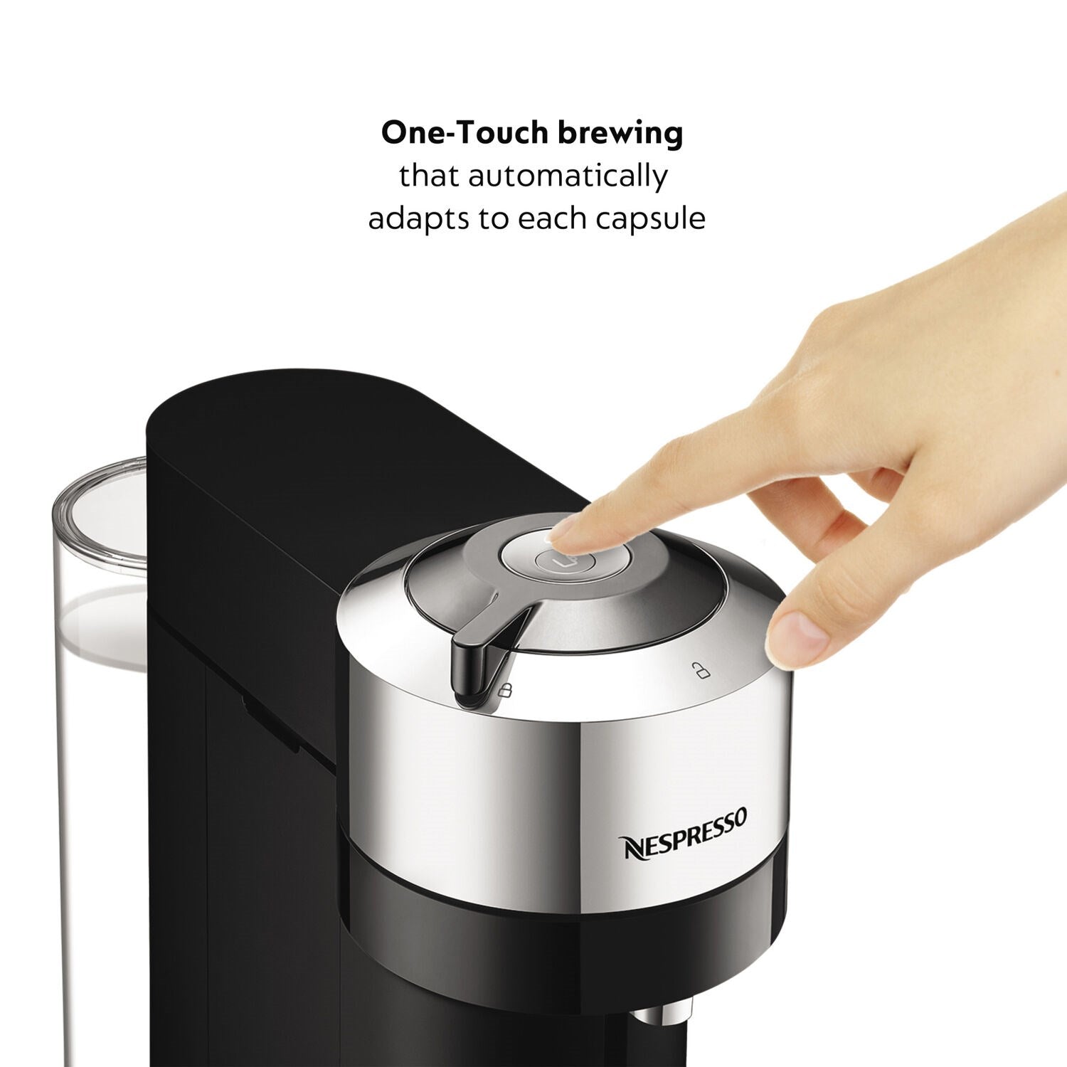 Hand pressing top touch button on silver Nespresso coffee machine