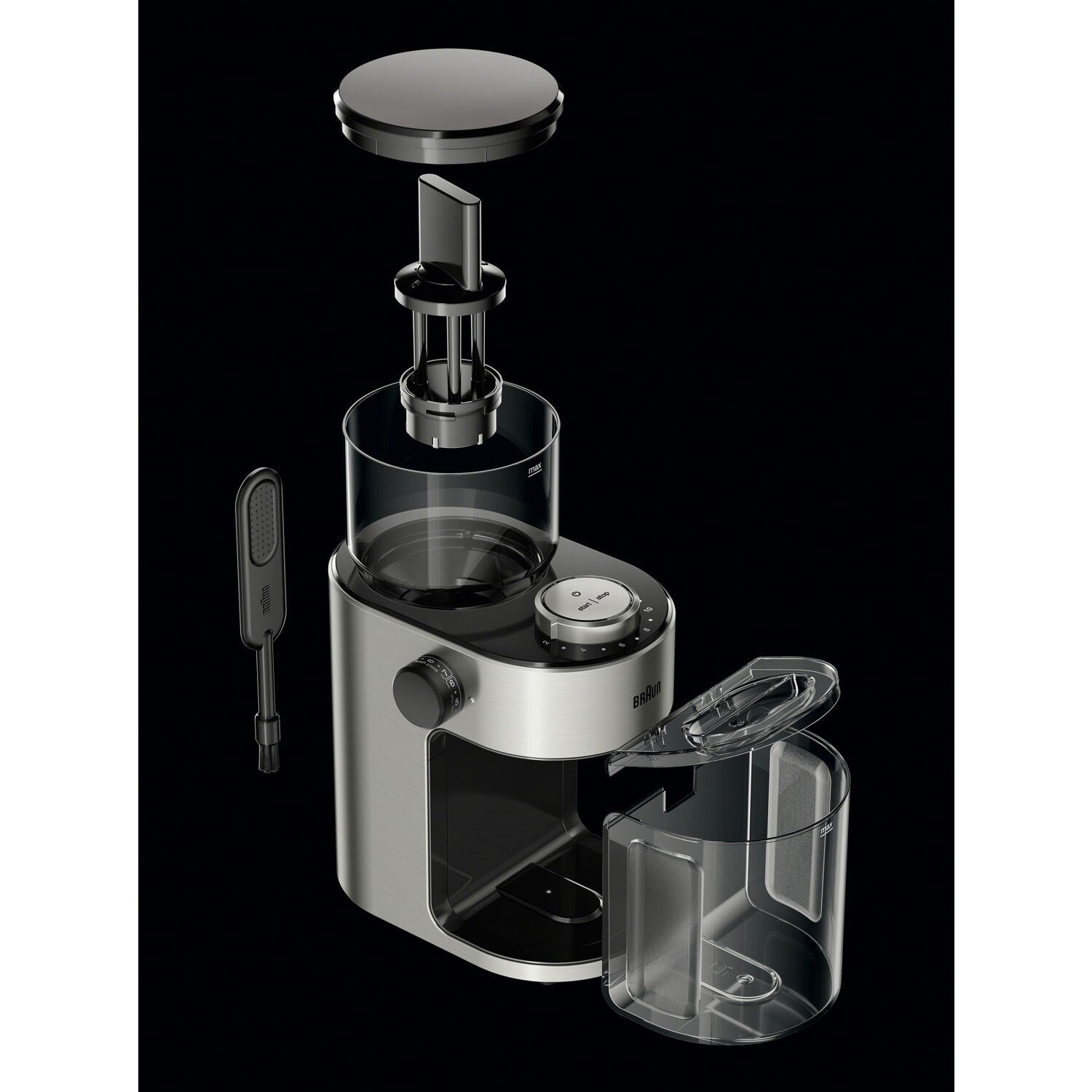 Stainless burr coffee grinder shown with removable container and black dispensing chute