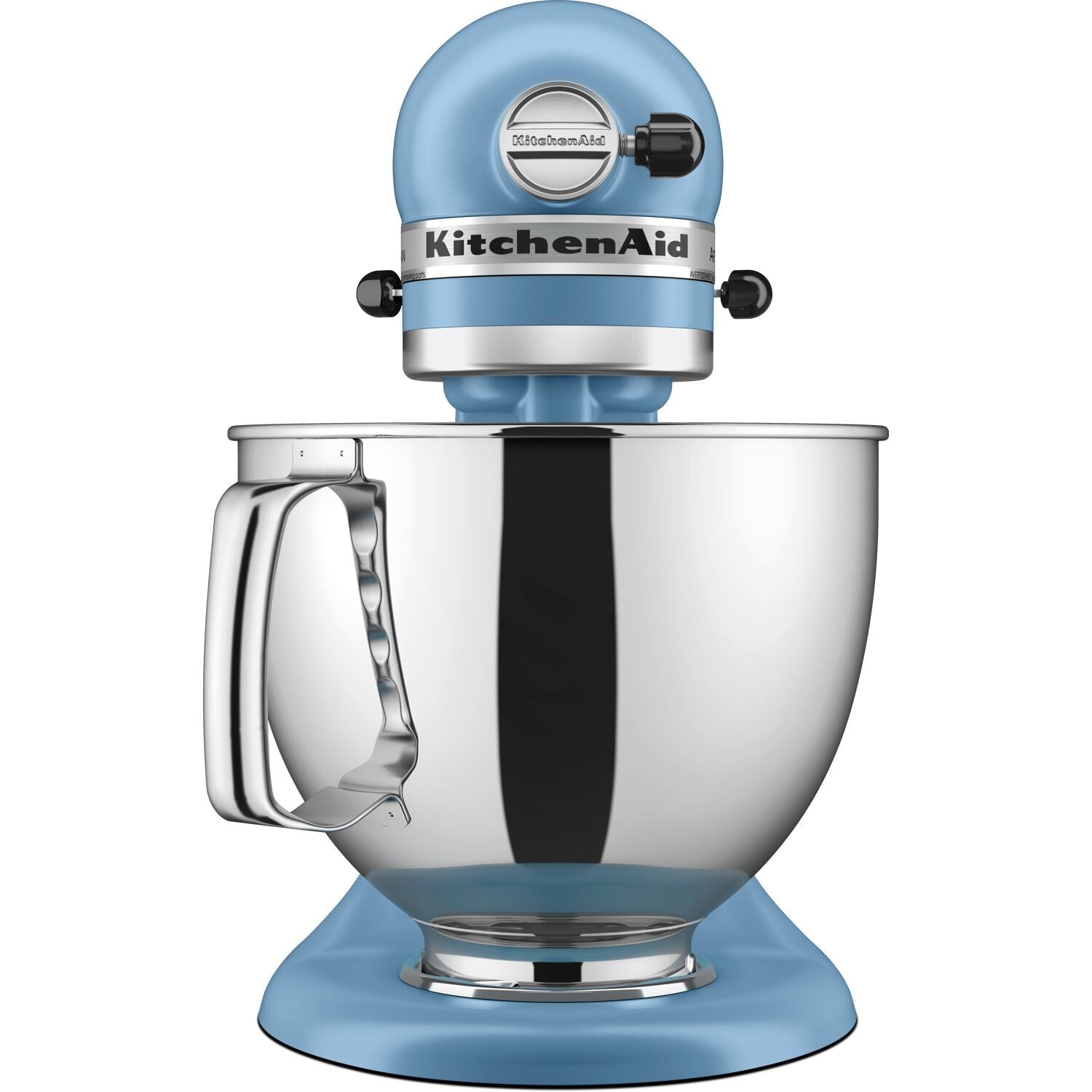 Blue tilt-head stand mixer with stainless bowl and wire whisk beater, front view