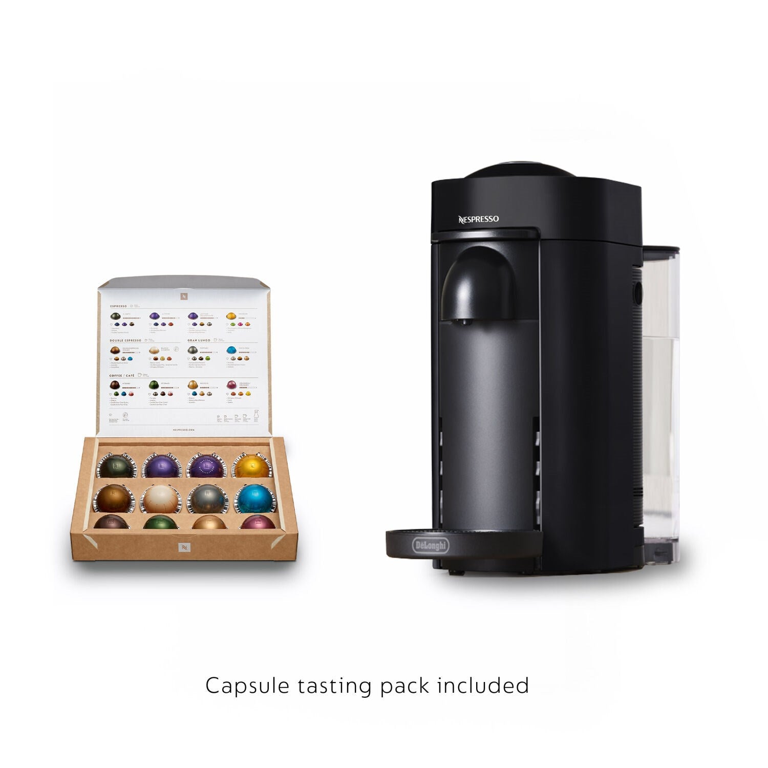 Black De'Longhi Nespresso Vertuo Plus machine with capsule tasting pack