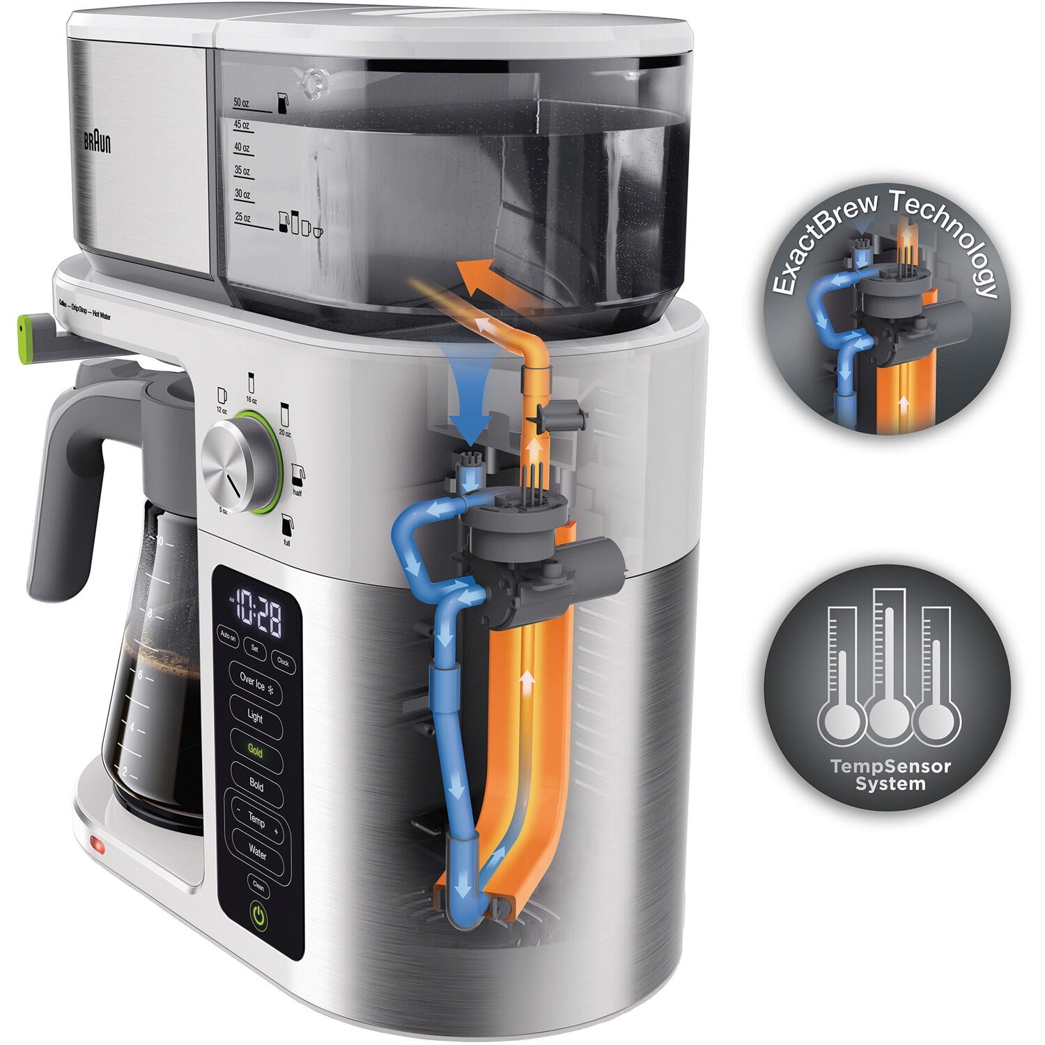 Multi-serve coffee brewing system with transparent top carafe and visible internal flow