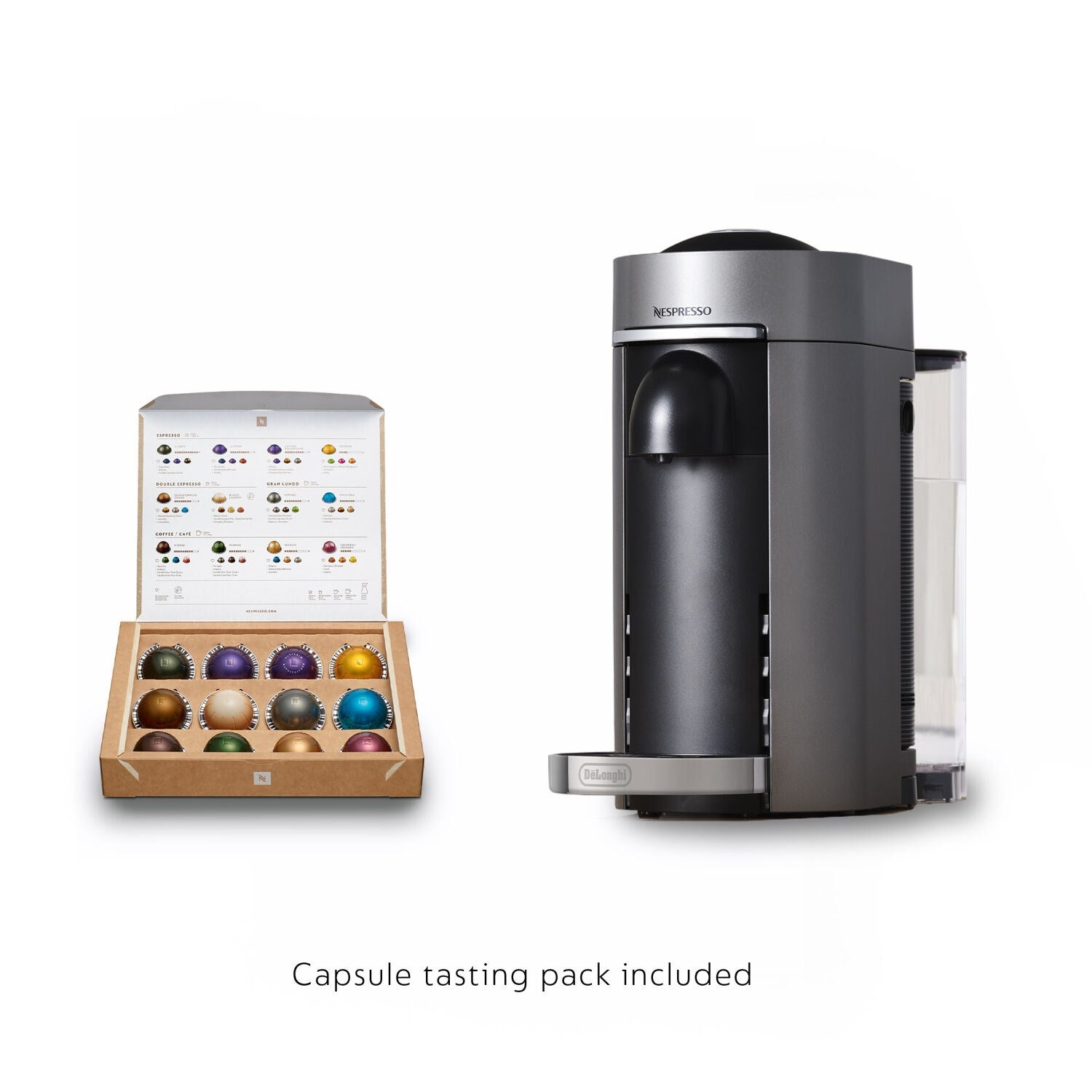Titanium single-serve coffee and espresso machine with included capsule tasting set