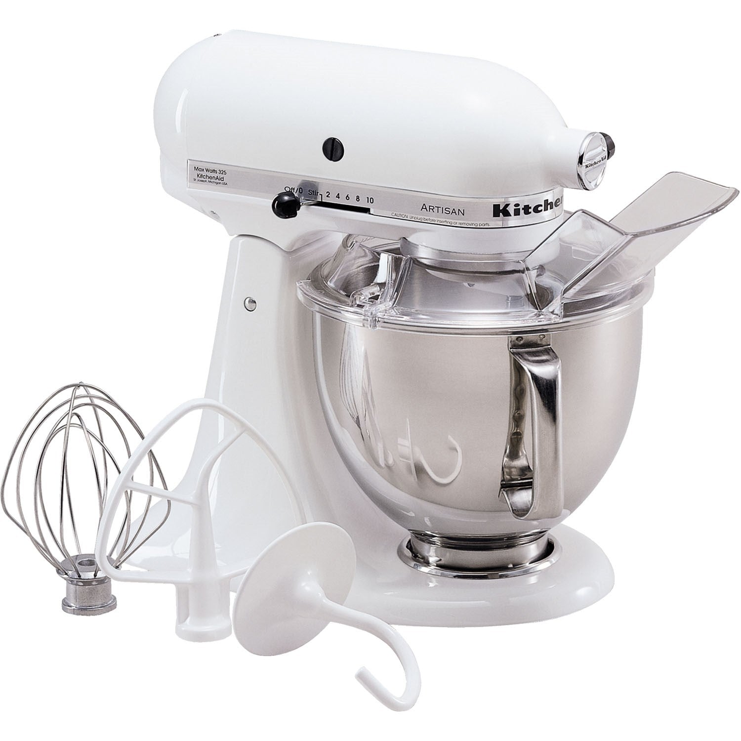 White tilt-head stand mixer with stainless bowl and whisk attachment, front view.