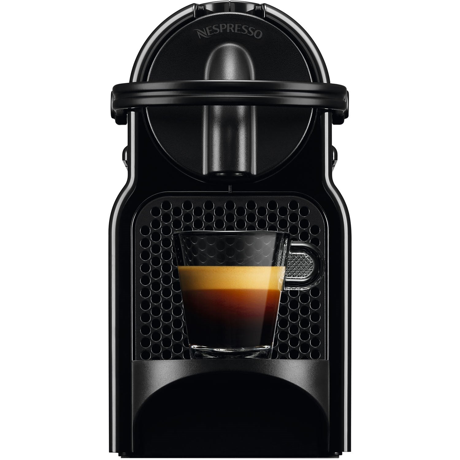 De'Longhi Nespresso compact espresso machine, black with glass cup on drip tray