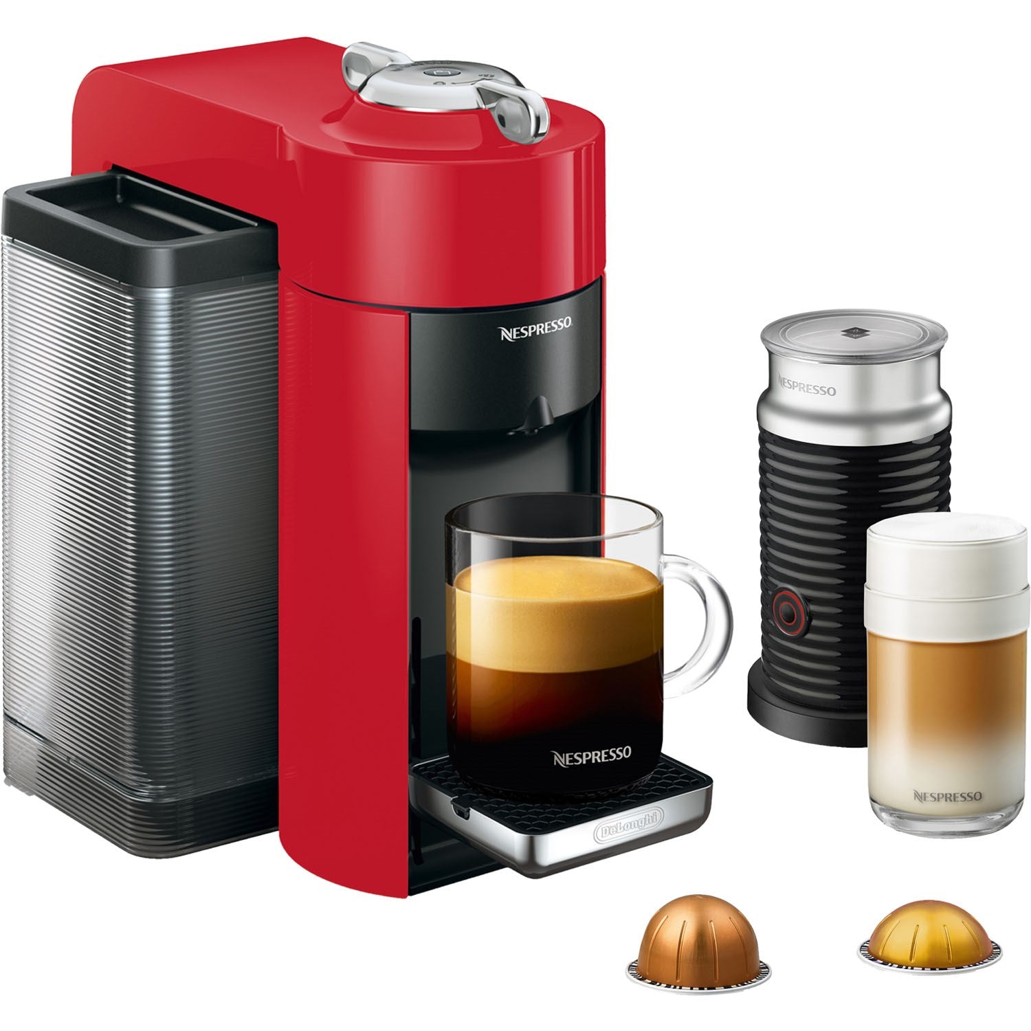 Red Nespresso Vertuo coffee machine with built-in cup and Aeroccino milk frother
