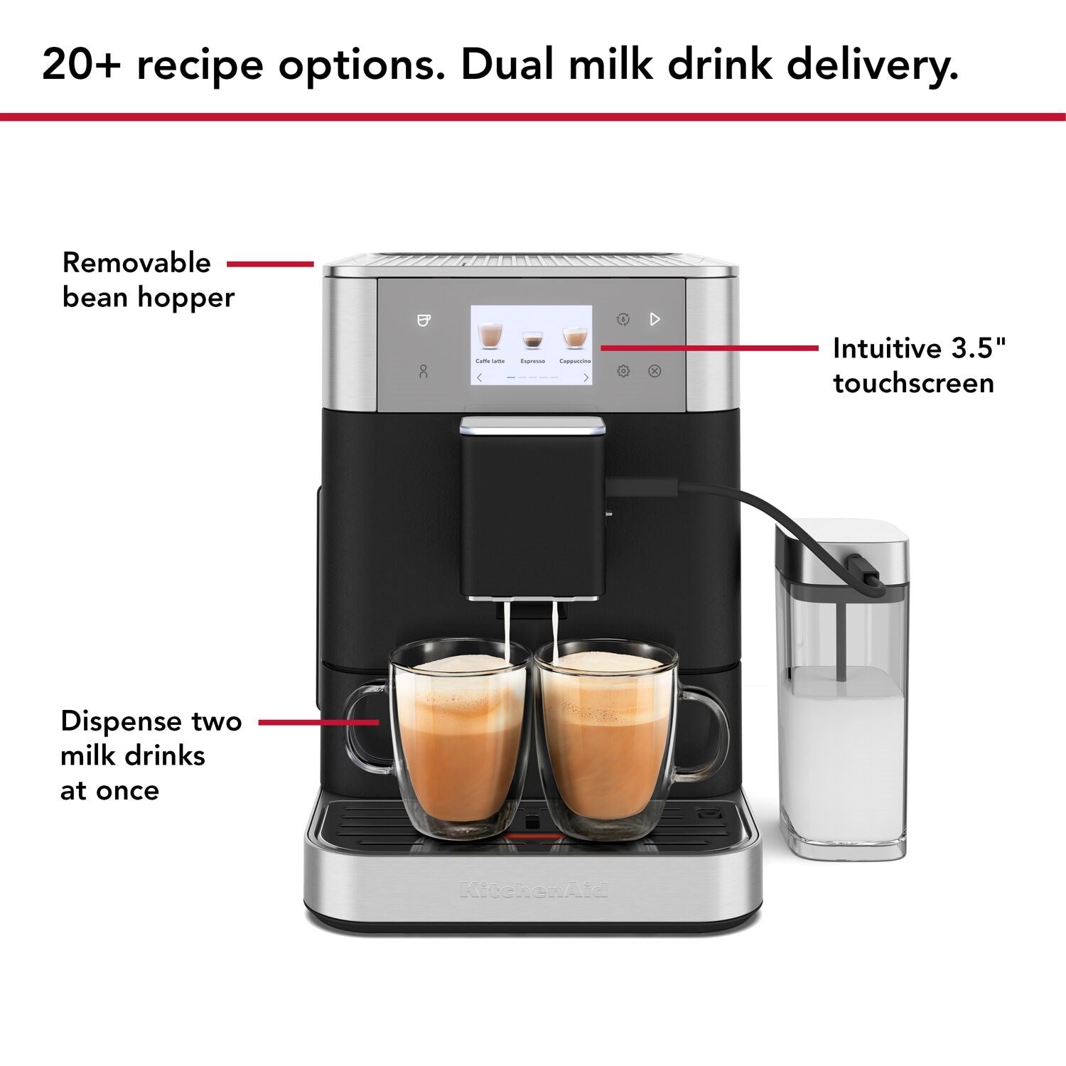 Black fully automatic espresso machine with dual-cup spouts and right milk container