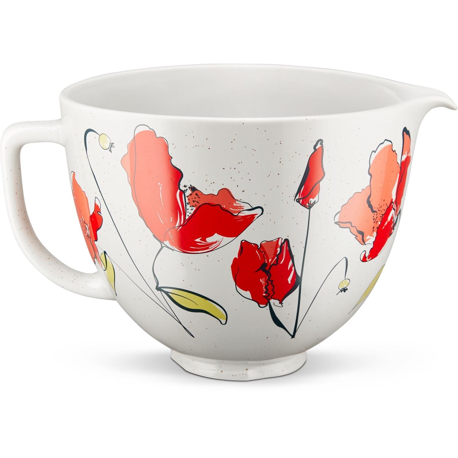 White ceramic mixing bowl with red and pink poppy floral pattern, 3/4 side view