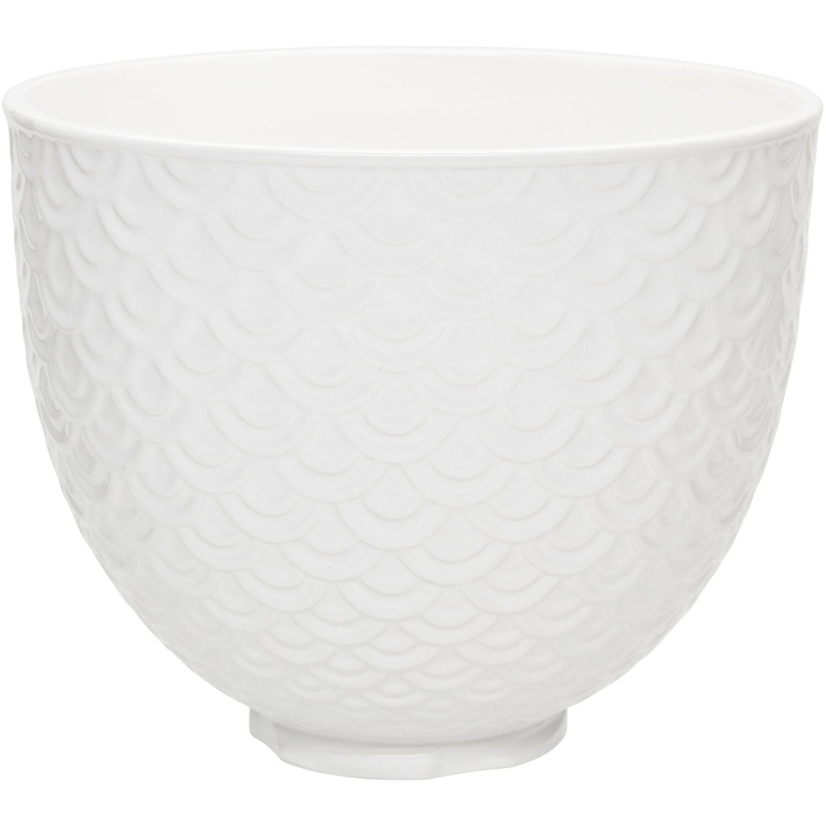 White ceramic mixing bowl with embossed merlaid lace pattern