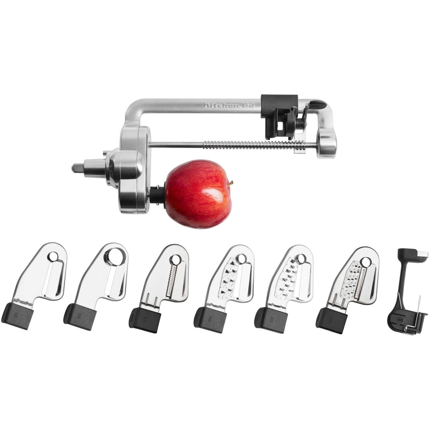 Spiralizer attachment with crank and seven blade inserts, showing red produce and parts