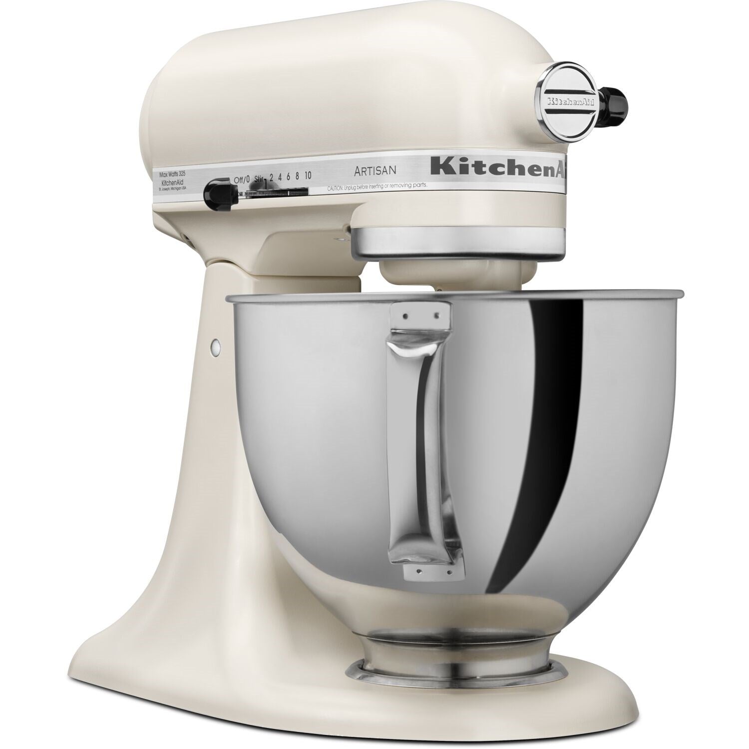 Porcelain tilt-head stand mixer with stainless bowl and chrome mixing attachment hub