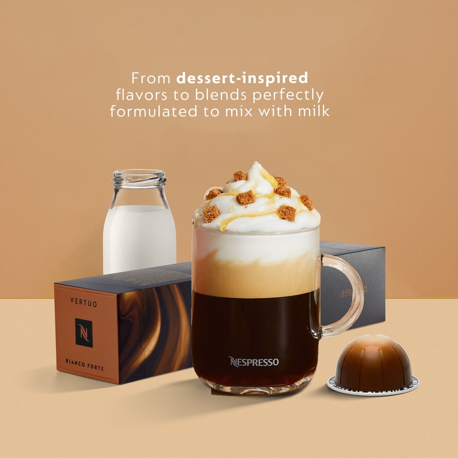 Vertuo Next latte-style drink with Nespresso cups, capsules, and Aeroccino frother