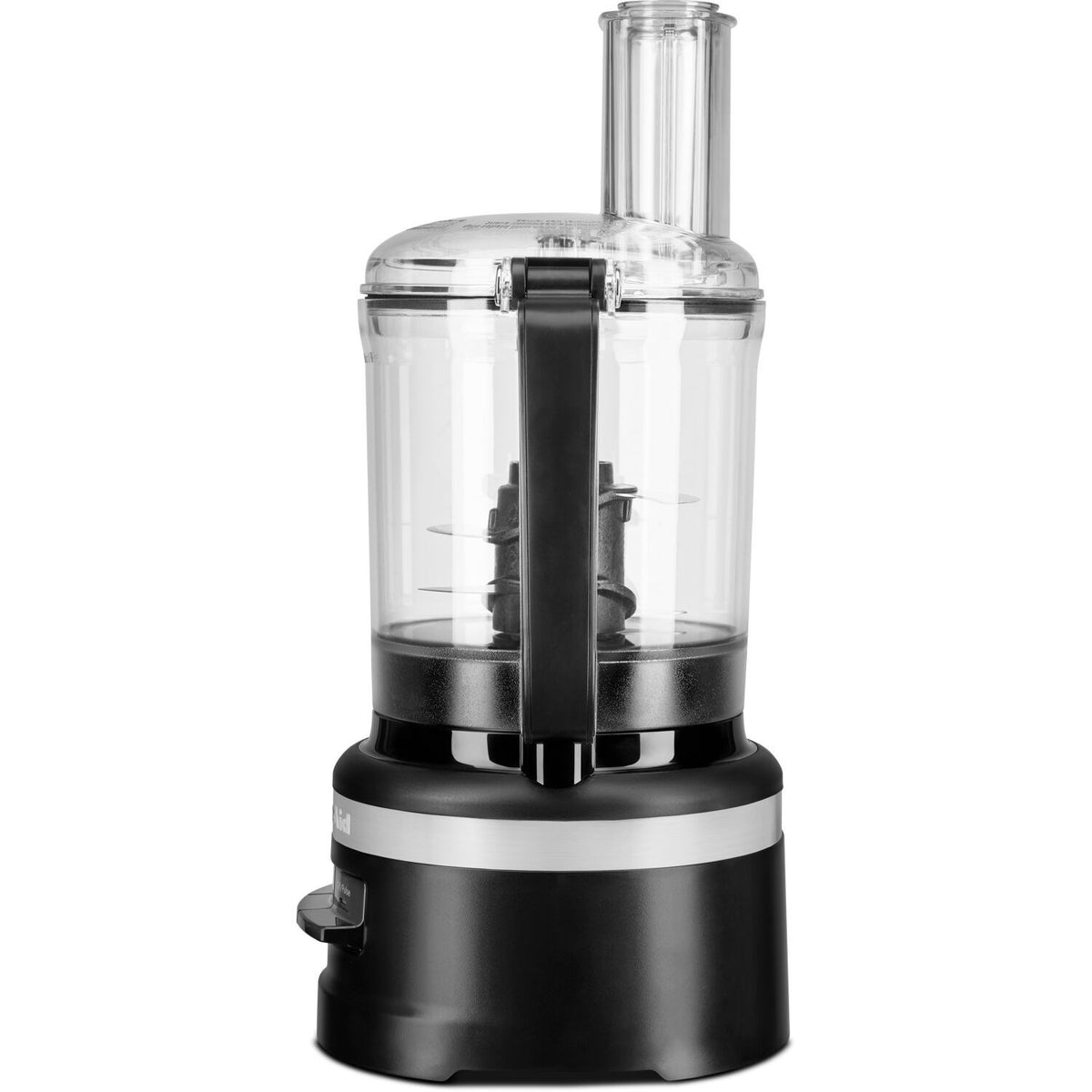 Black food processor with clear bowl and central blade shaft assembly
