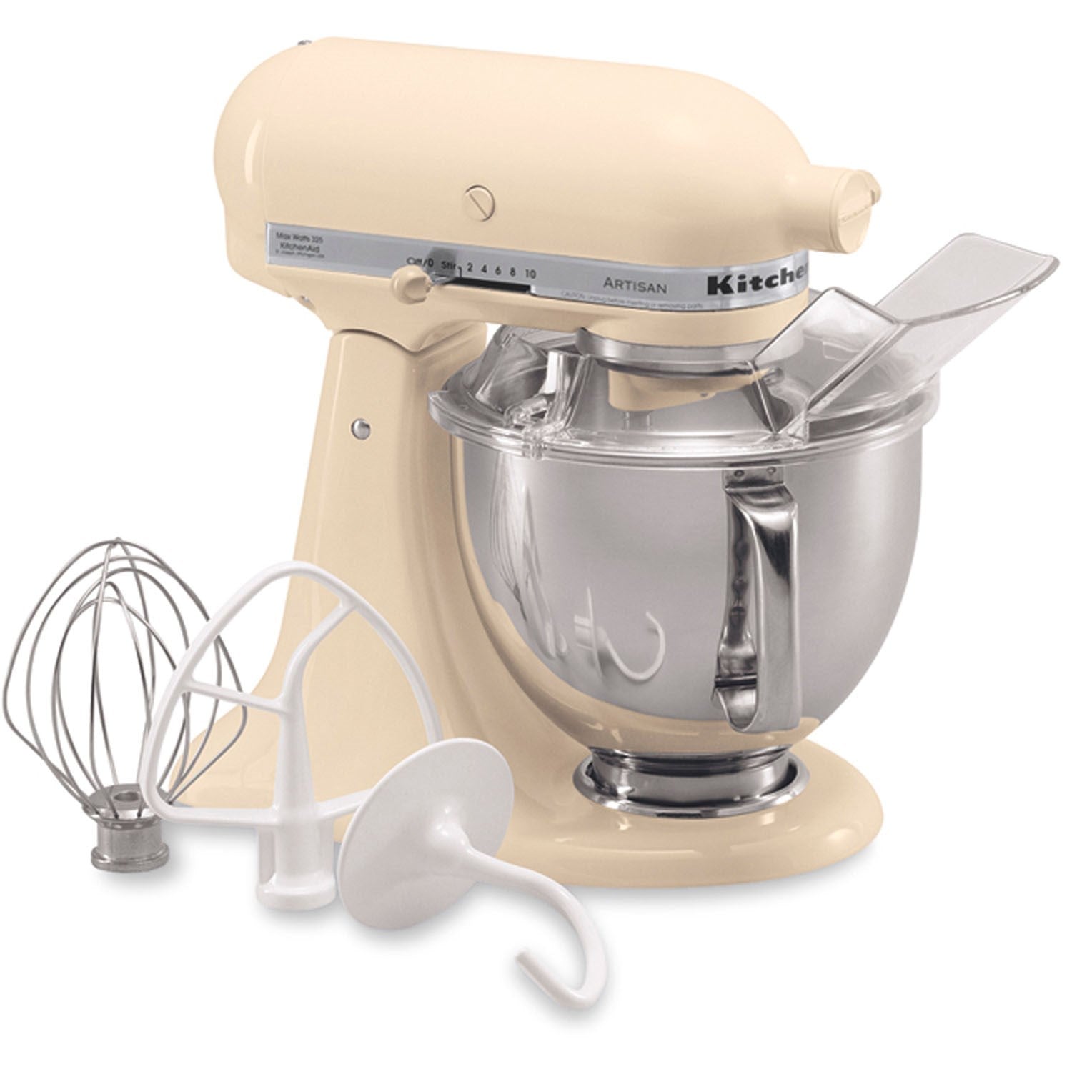 Almond cream tilt-head stand mixer with stainless bowl and whisk and dough hook attachments