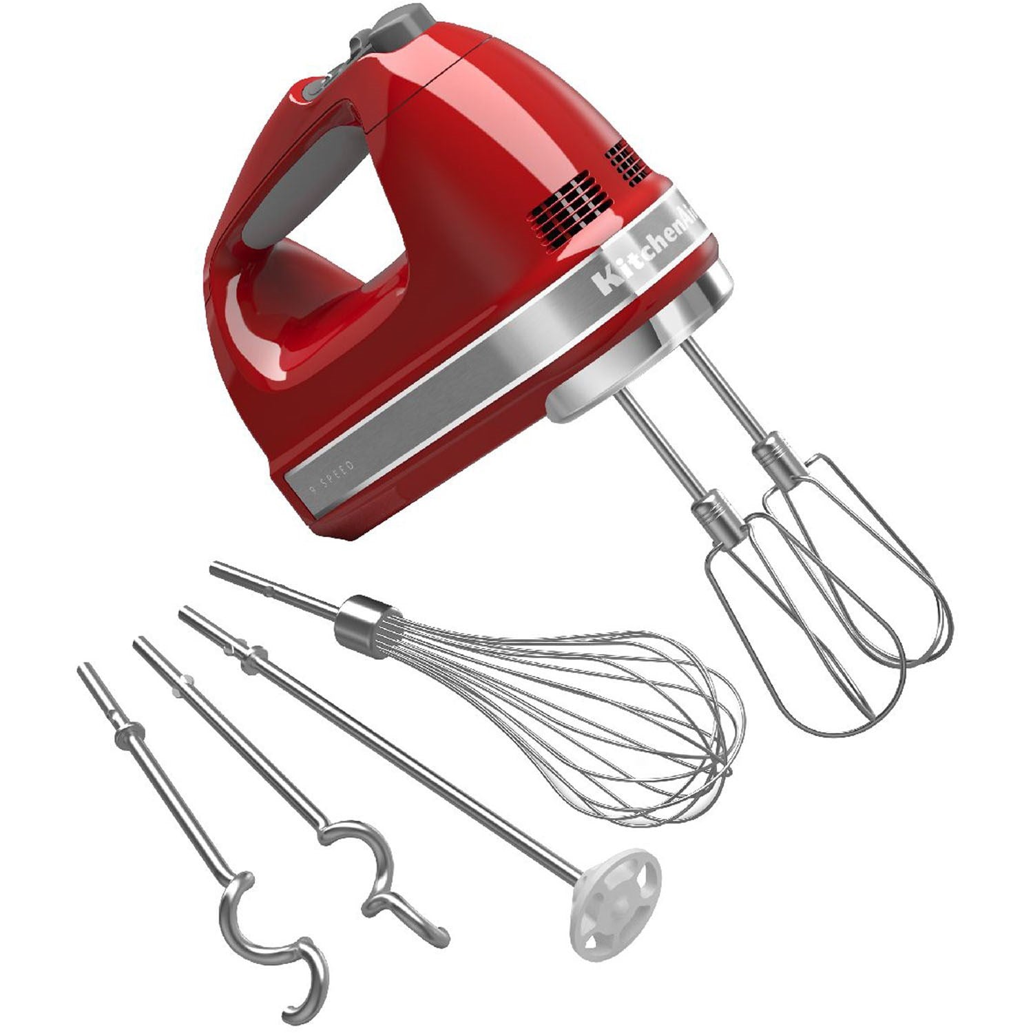 Empire Red KitchenAid hand mixer set with Turbo Beater II whisk and dough hooks