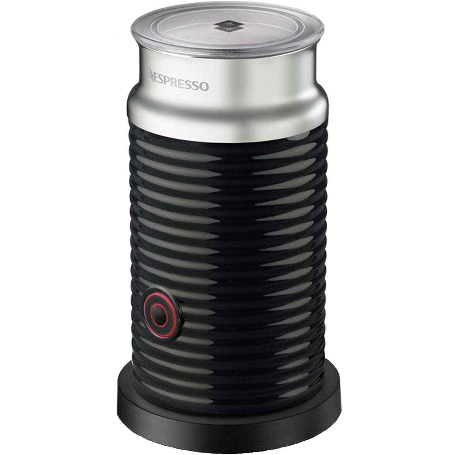 Black Aeroccino frother with ribbed body and clear lid