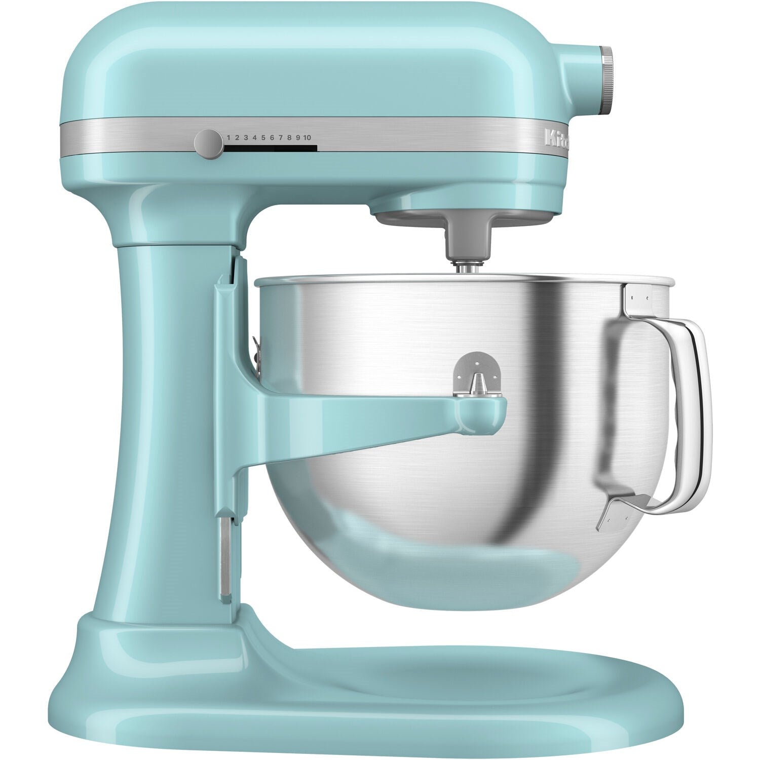 KitchenAid aqua stand mixer with stainless bowl and beater attachment