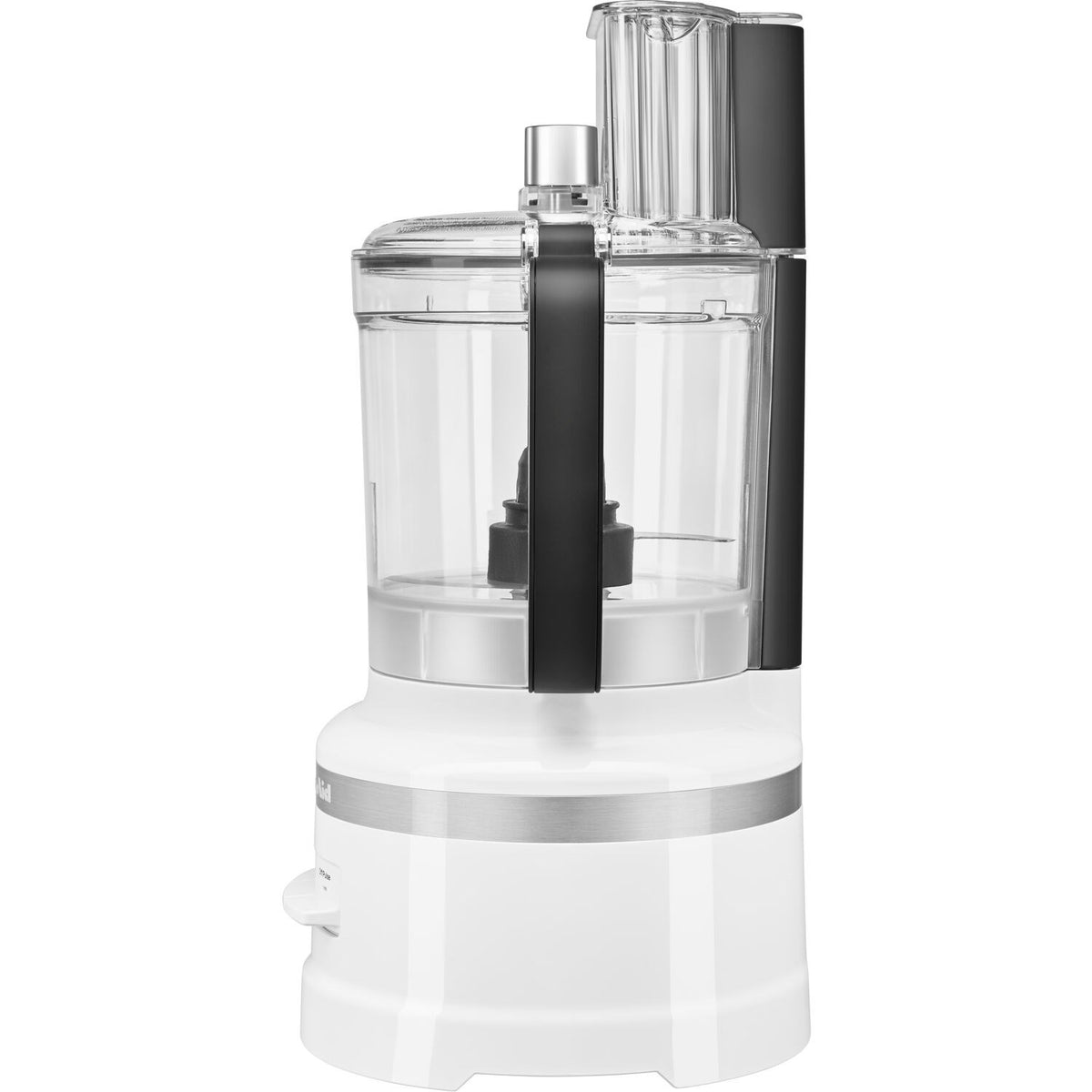 KitchenAid food processor with clear 13-cup work bowl, black spindle, and white base