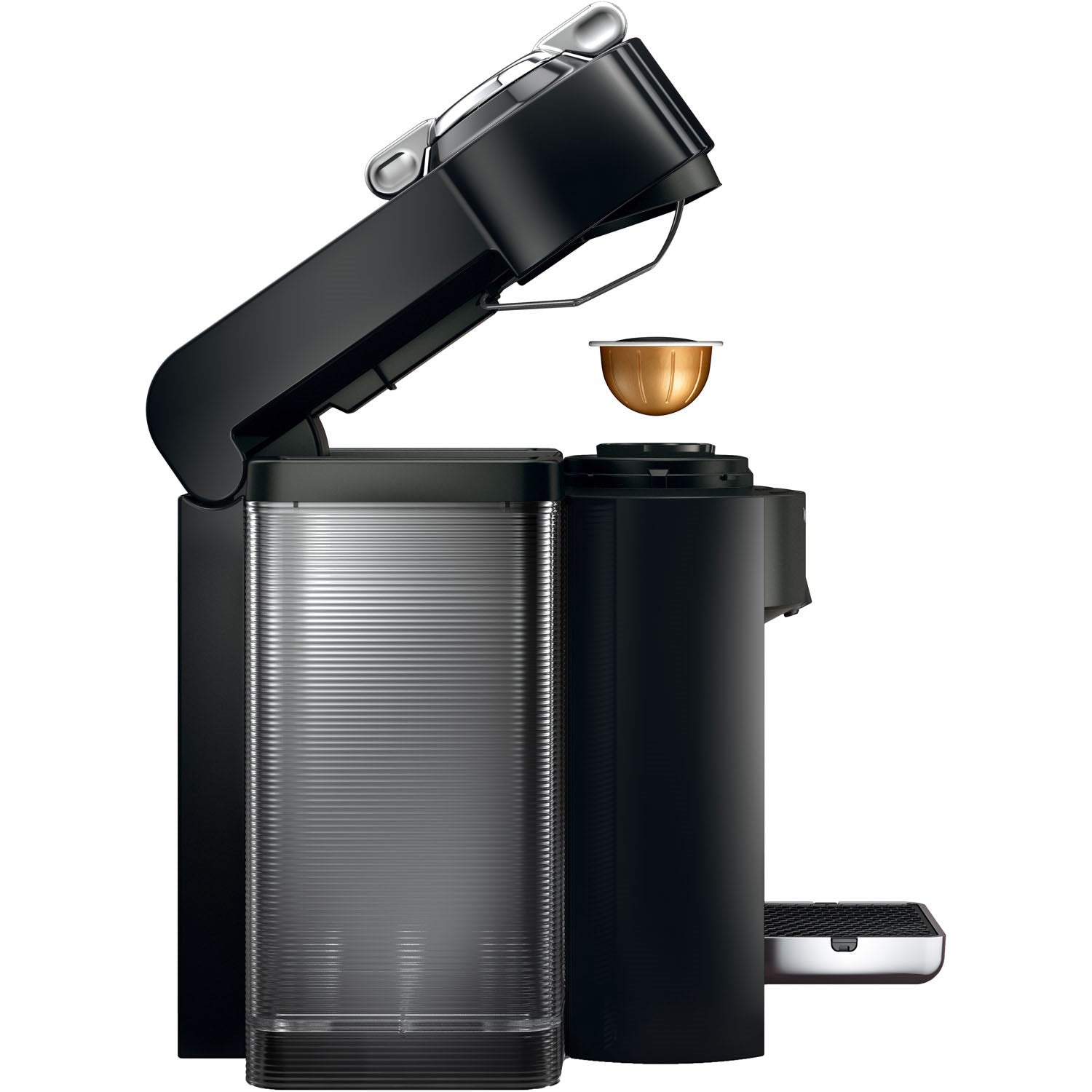 De'Longhi Nespresso Vertuo black coffee machine with open lid and single espresso capsule pod
