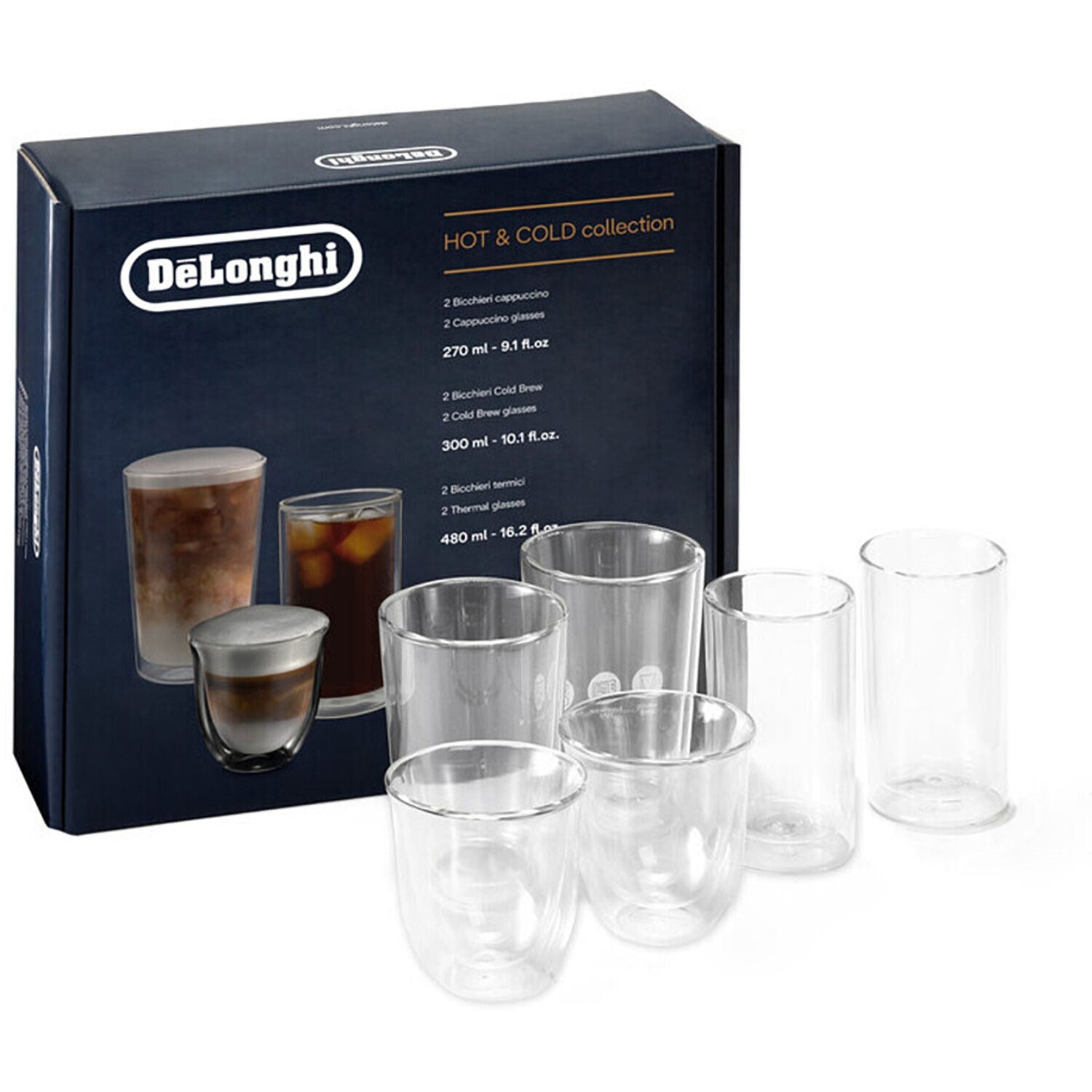 Set of clear double-wall thermal coffee glasses shown with box packaging