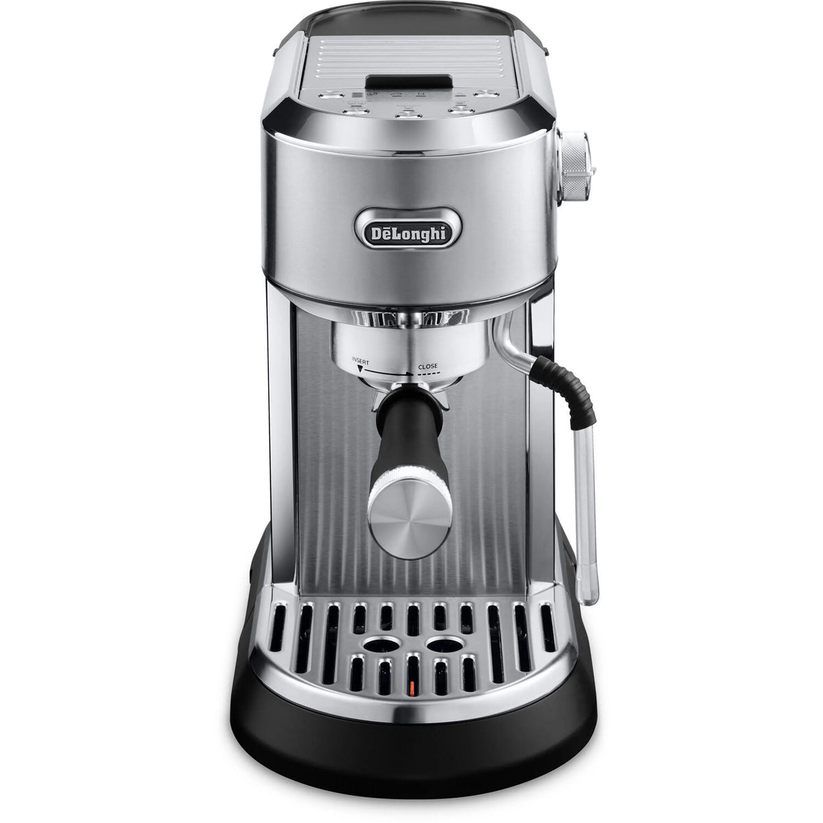 Front view stainless steel espresso machine with black base and steam wand