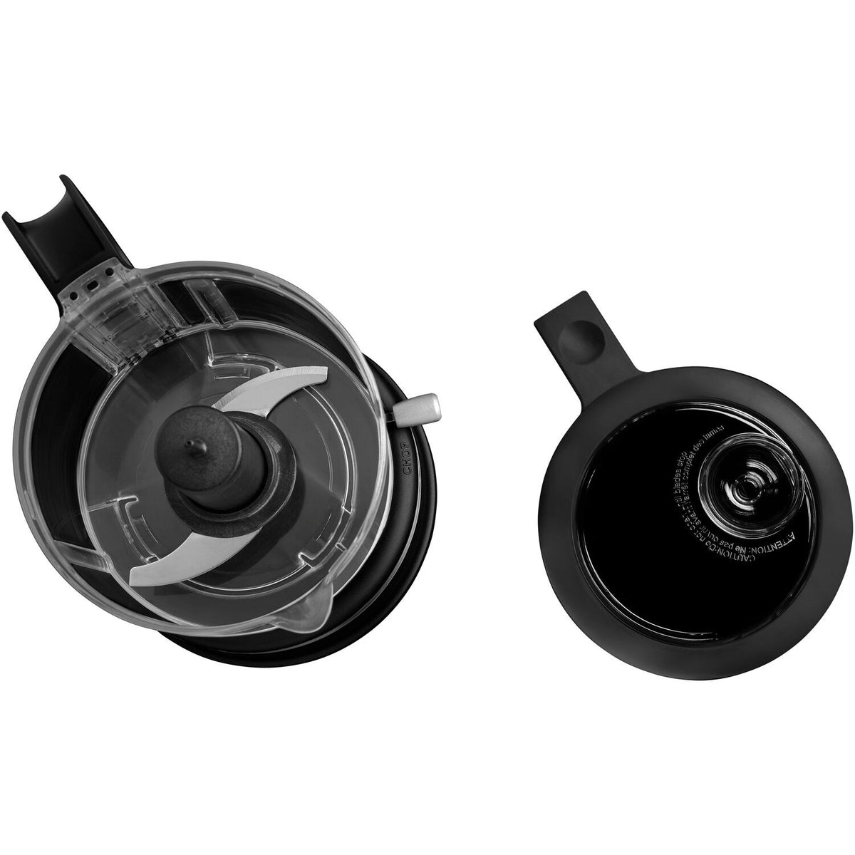 Black food chopper bowl with multi-purpose blade and lid, top view