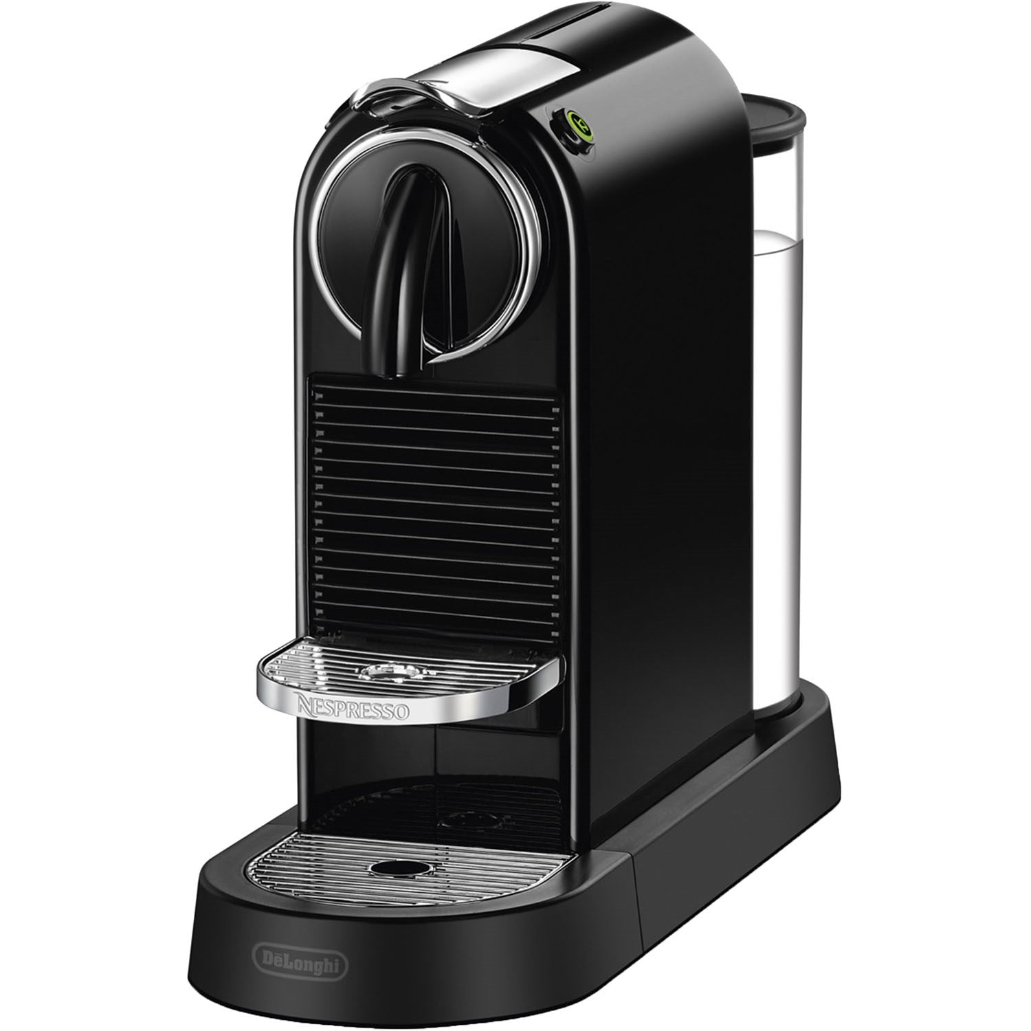 Black De'Longhi Nespresso Citiz espresso machine front view with drip tray